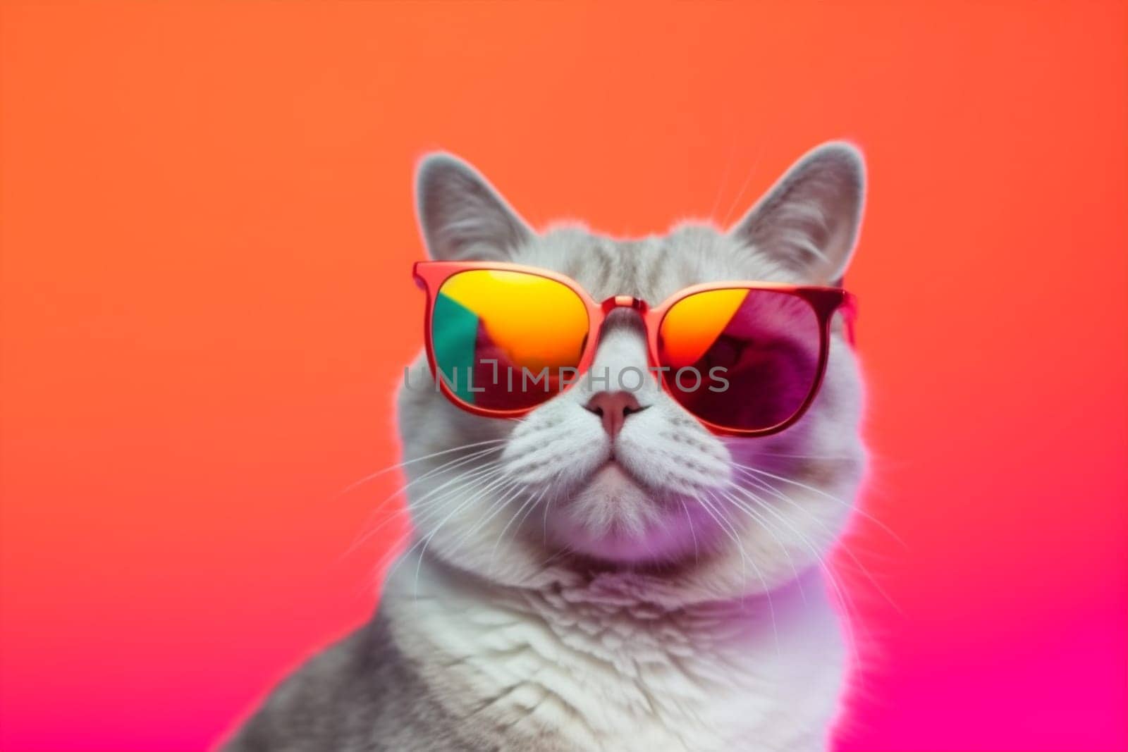funny neon colourful portrait sunglasses animal pet fashion cute cat. Generative AI. by SHOTPRIME