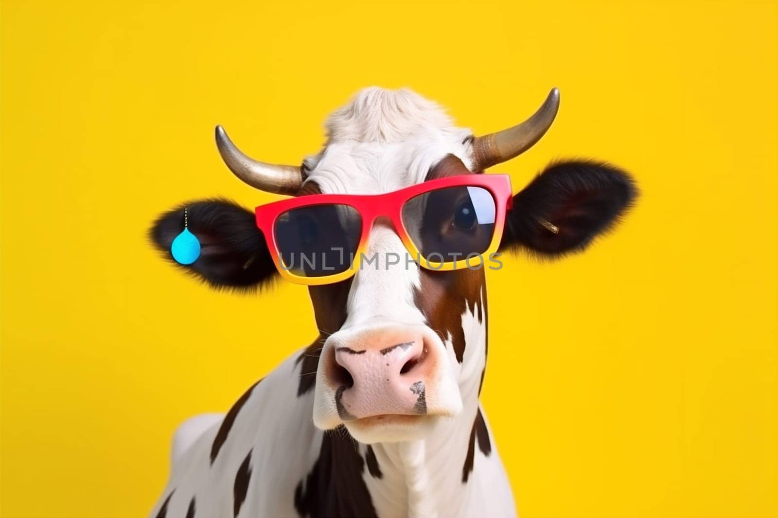 fun wearing looking milk cute beauty colourful face style portrait head character ai sunglasses cow mammal funny farm animal background. Generative AI.
