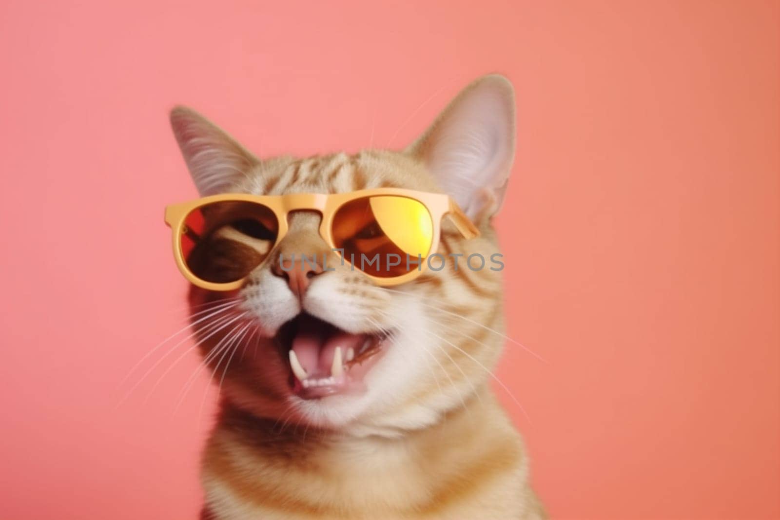 animal goggles sunglasses cat kitty portrait party lens colourful cute funny background fur trendy neon pet beautiful mammal fun fashion. Generative AI.