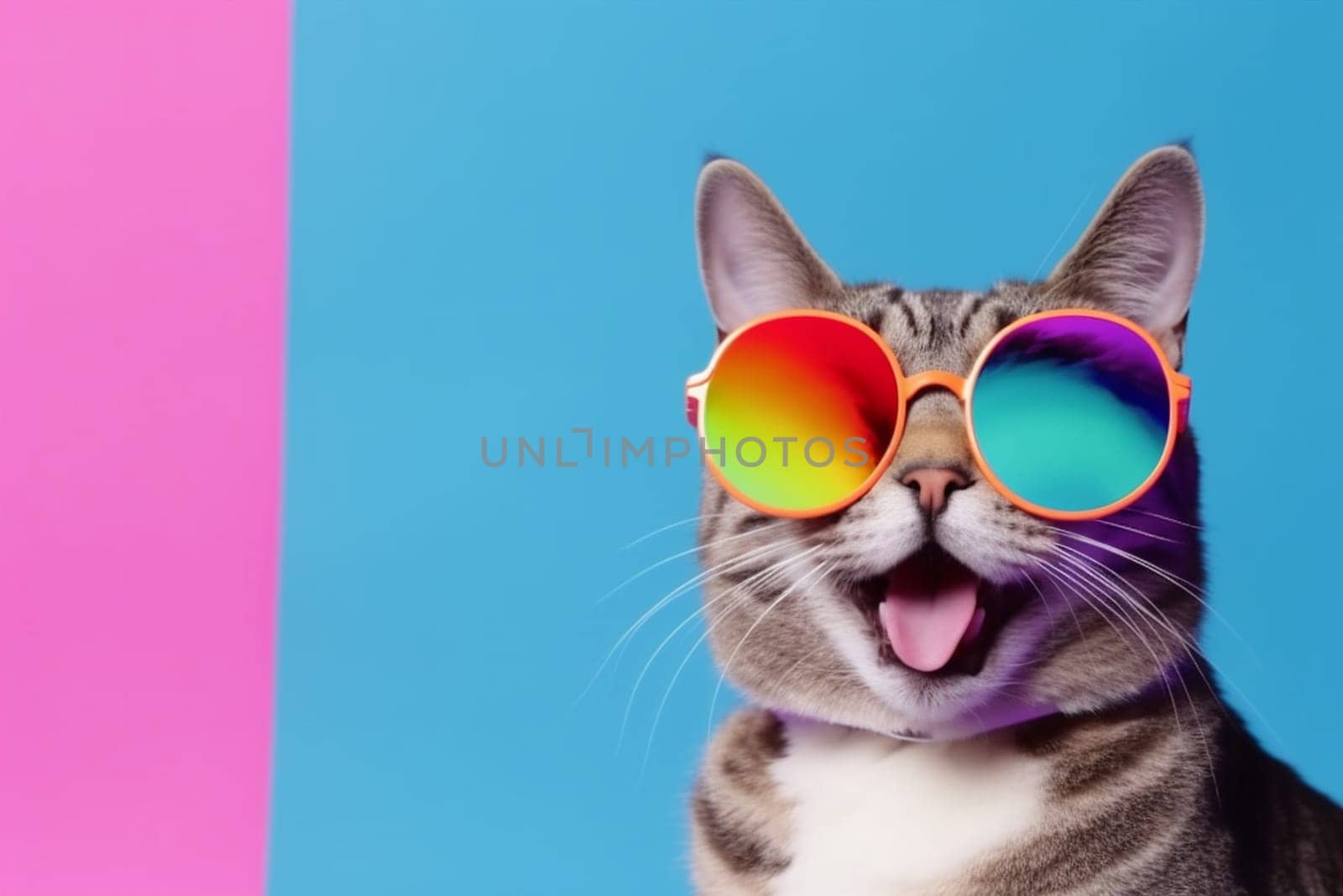 kitty fashion pet background animal adorable portrait nature color cute beauty mammal cat domestic style glass sunglasses neon funny colourful. Generative AI.