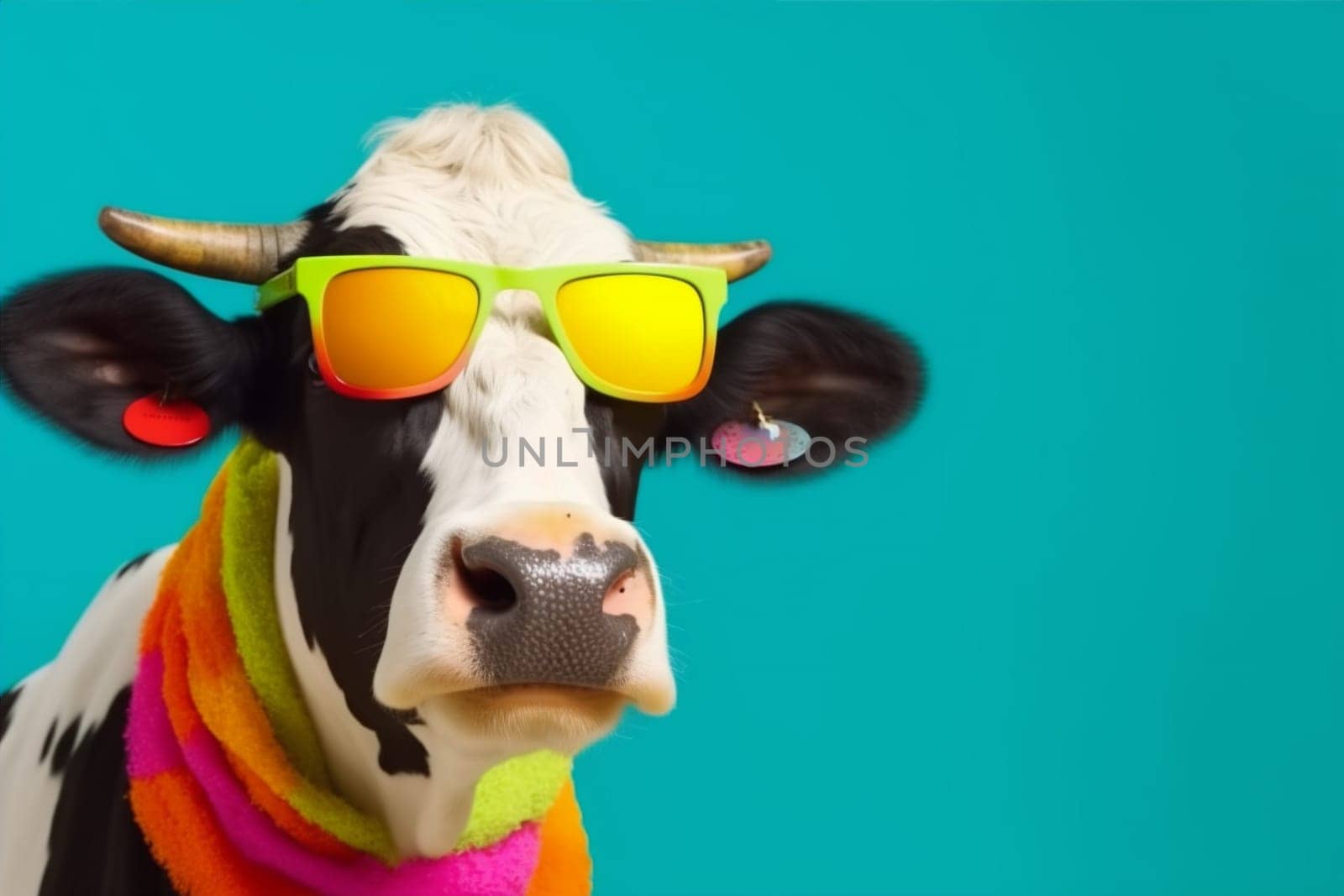 animal fashion trendy cow head colourful isolated portrait amusing funny cartoon ai face cute generative character sunglasses goggles pink design. Generative AI.