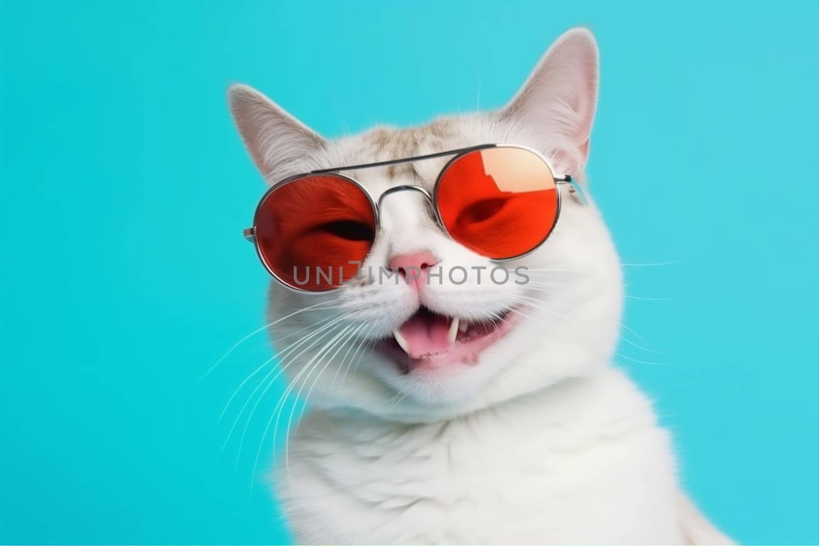 isolated goggles looking beauty sunglasses colourful neon fashion pretty animal pet fur accessory style space funny yellow copy cute cat portrait. Generative AI.
