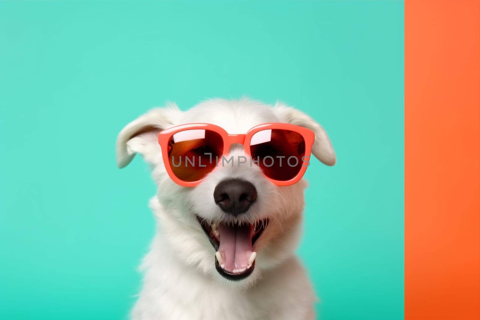 isolated dog sunglasses smile portrait funny animal background indoor puppy pet breed blue stylish cute cool small yellow concept fashion doggy. Generative AI.