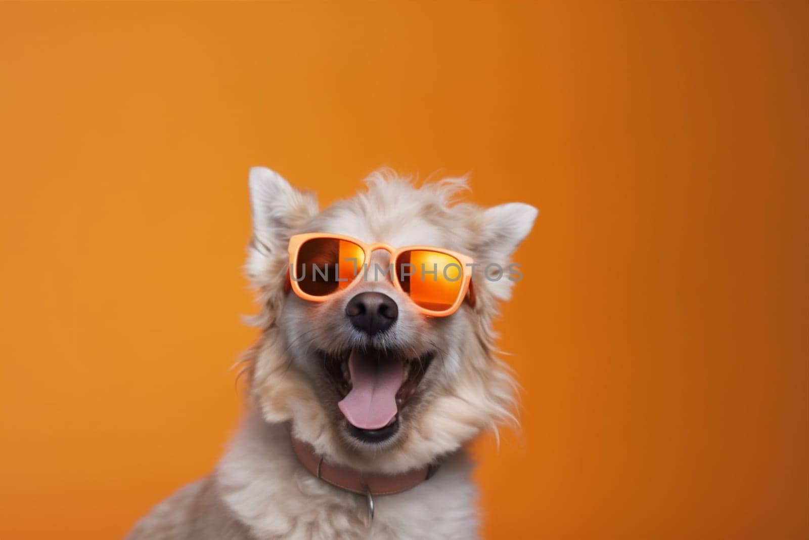 dog small smile party purebred isolated birthday background young puppy cute portrait trendy pet sunglasses adorable animal breed summer indoor cool funny. Generative AI.