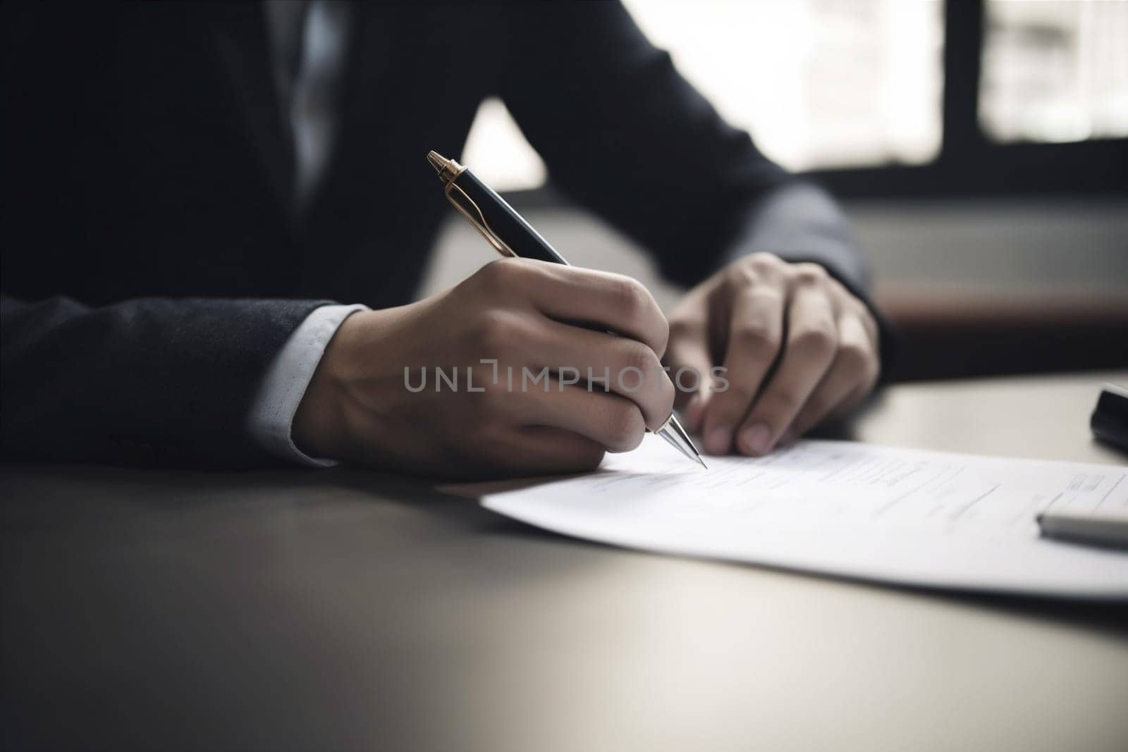 man executive hand businessman legal sunset agreement team professional lawyer contract business signature note office signing businessperson workplace group finance document. Generative AI.