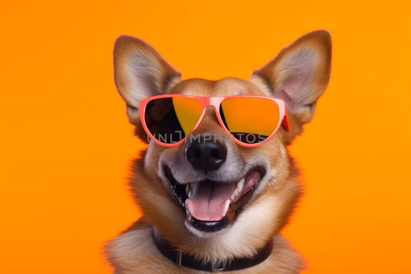 isolated dog pet sunglasses friend party canine cute portrait small cool red smile goggles purebred blue background funny happy animal glasses birthday. Generative AI.
