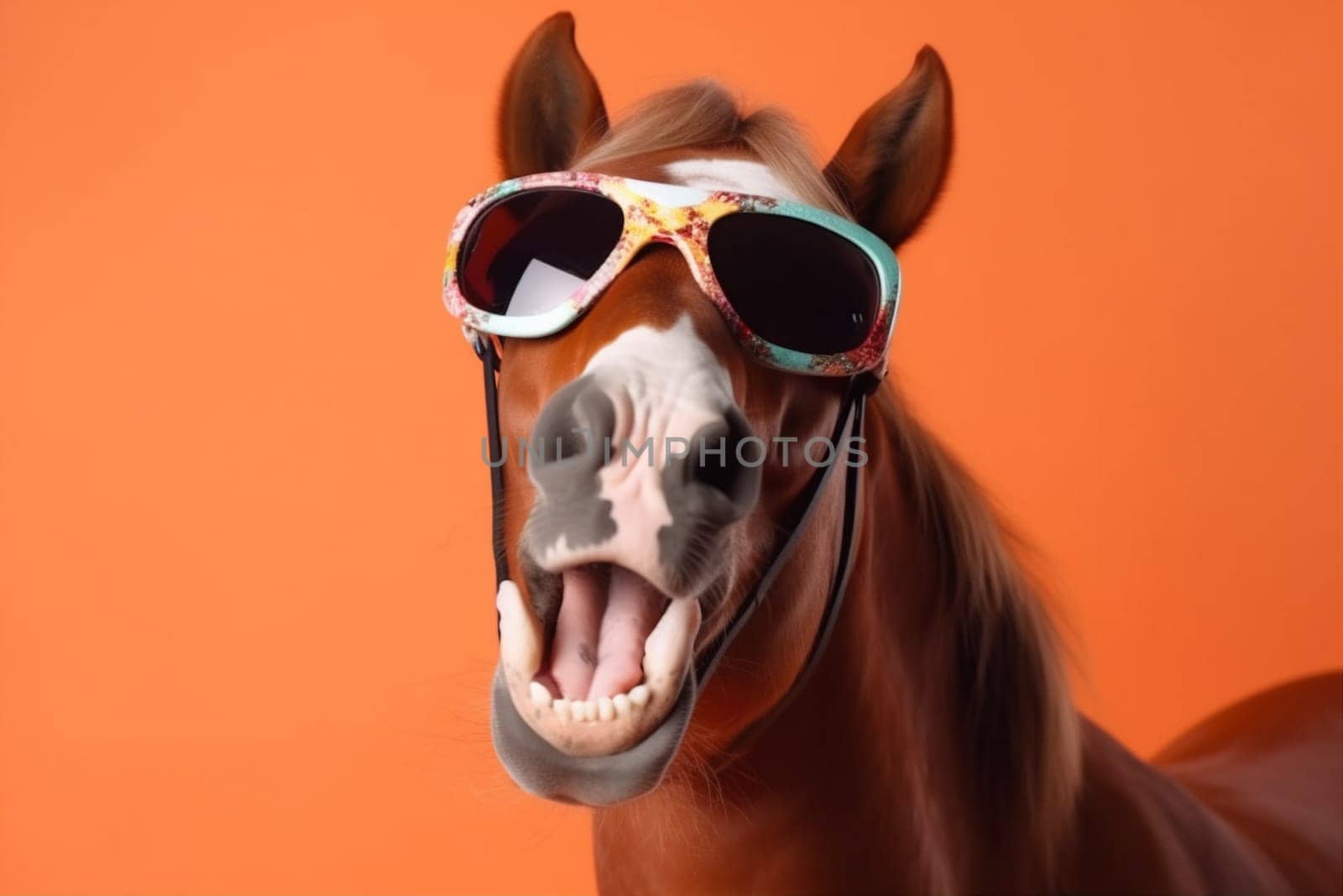 fun animal banner portrait goggles horse smile colourful sunglasses background funny. Generative AI. by SHOTPRIME