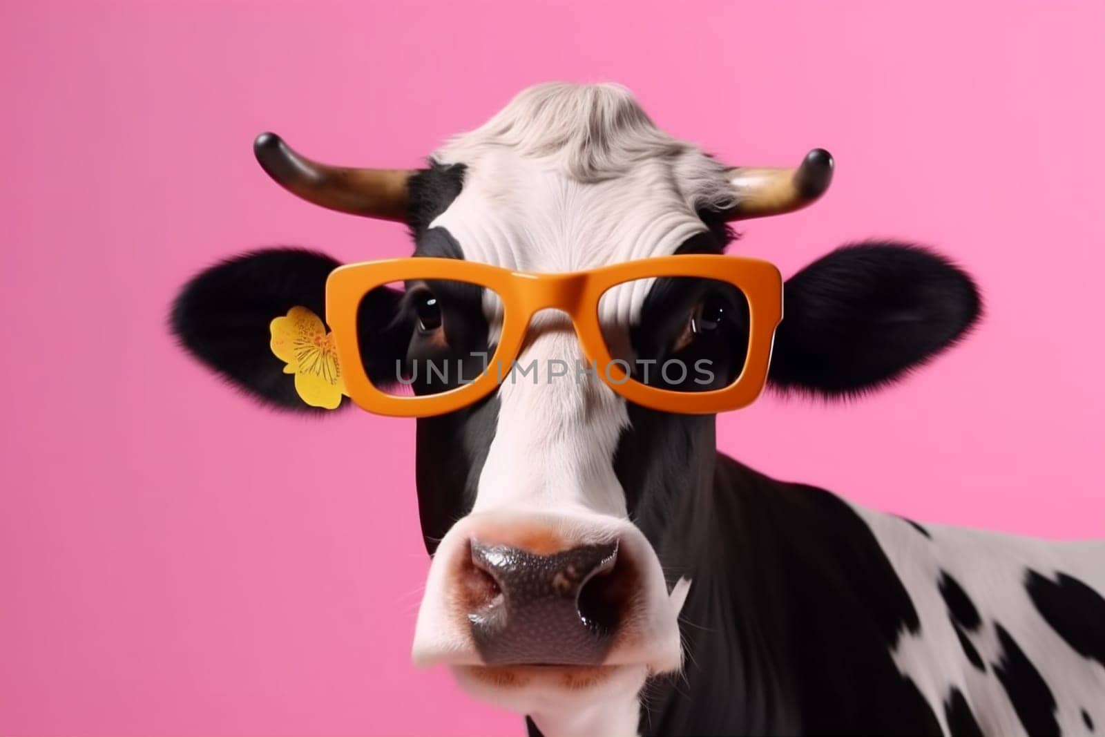 expression character happy retro generative cute animal portrait head yellow looking sunglasses wearing style cartoon bull cow colourful funny face. Generative AI.
