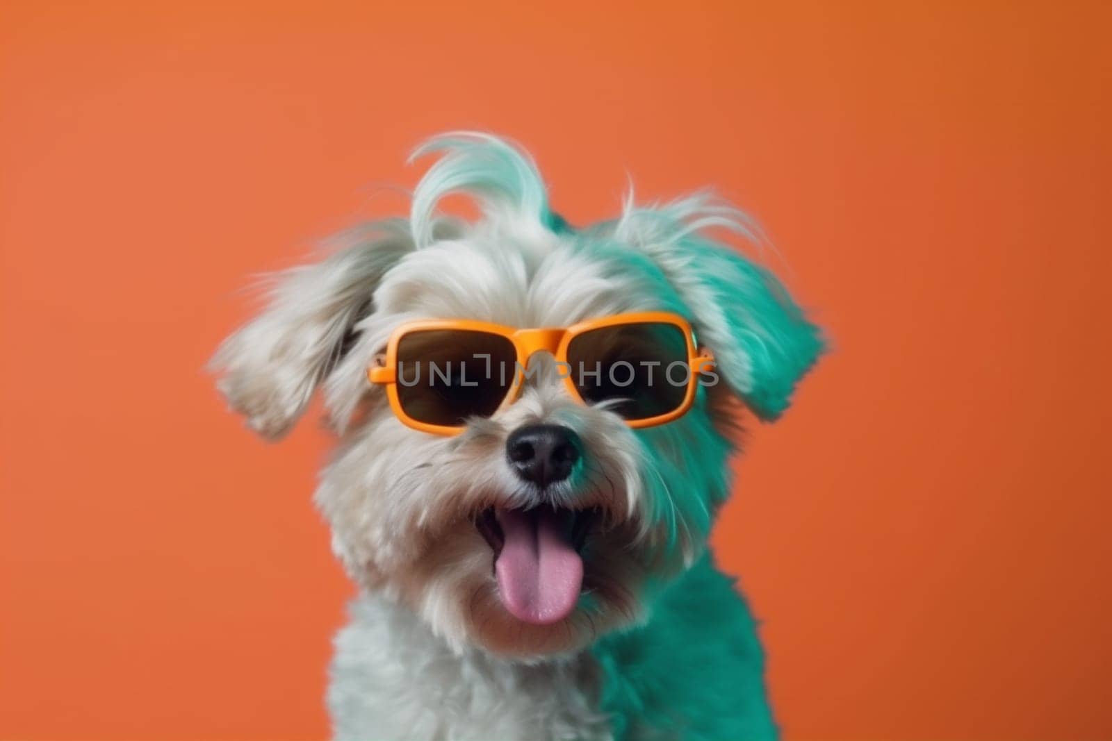 dog birthday portrait cute student sunglasses pet canine blue orange adorable background party pink goggles animal glasses concept funny smile summer isolated. Generative AI.