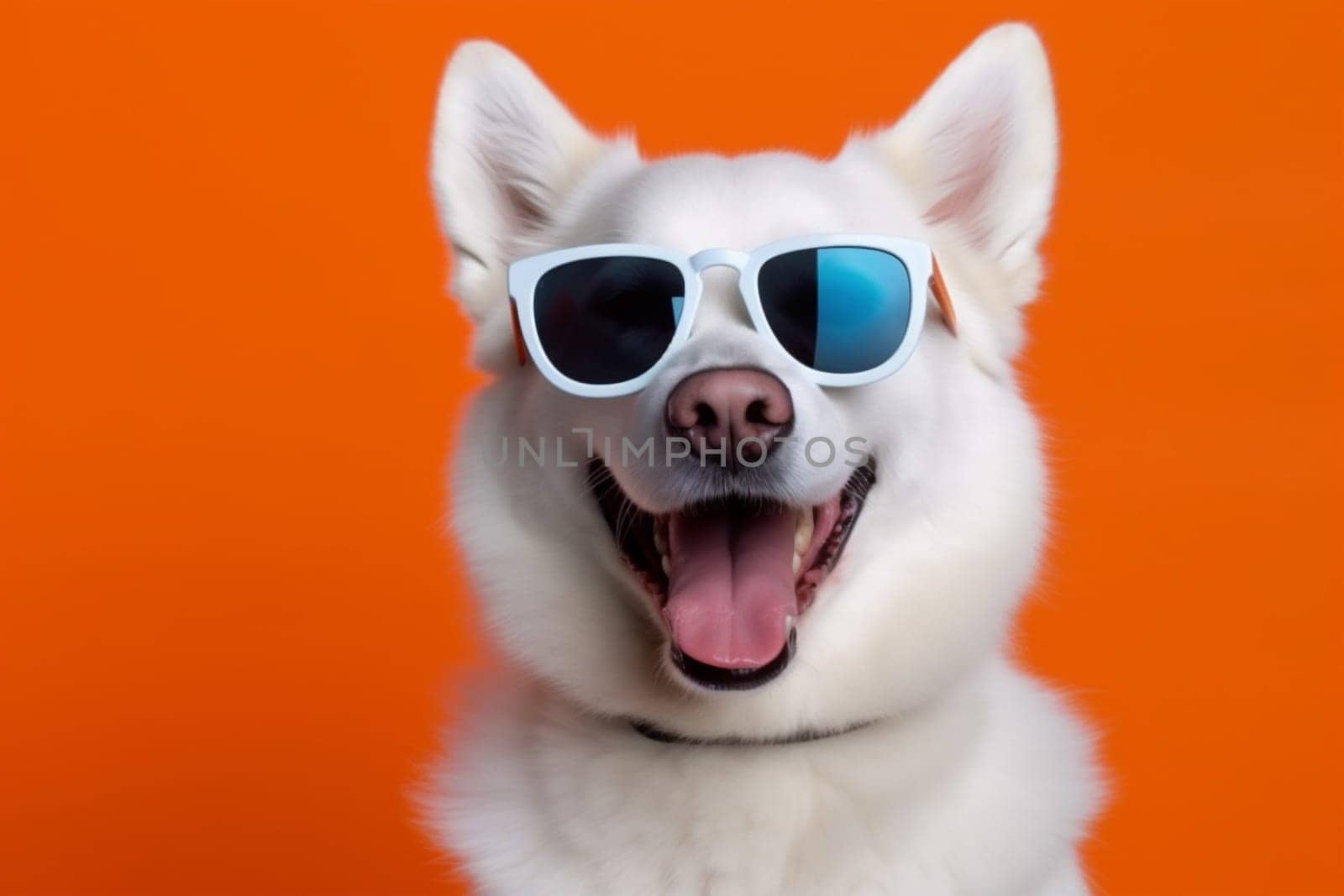 dog stylish pet copy funny purebred concept indoor background animal orange space pink sunglasses doggy isolated puppy portrait young blue cute smile. Generative AI.