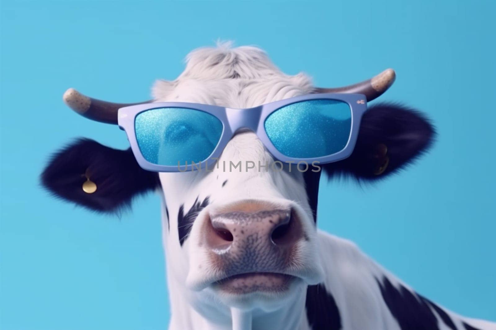 portrait funny cattle isolated farm face character blue background animal space bull eyeglass sunglasses cow cute animal head background copy trendy cool goggles. Generative AI.