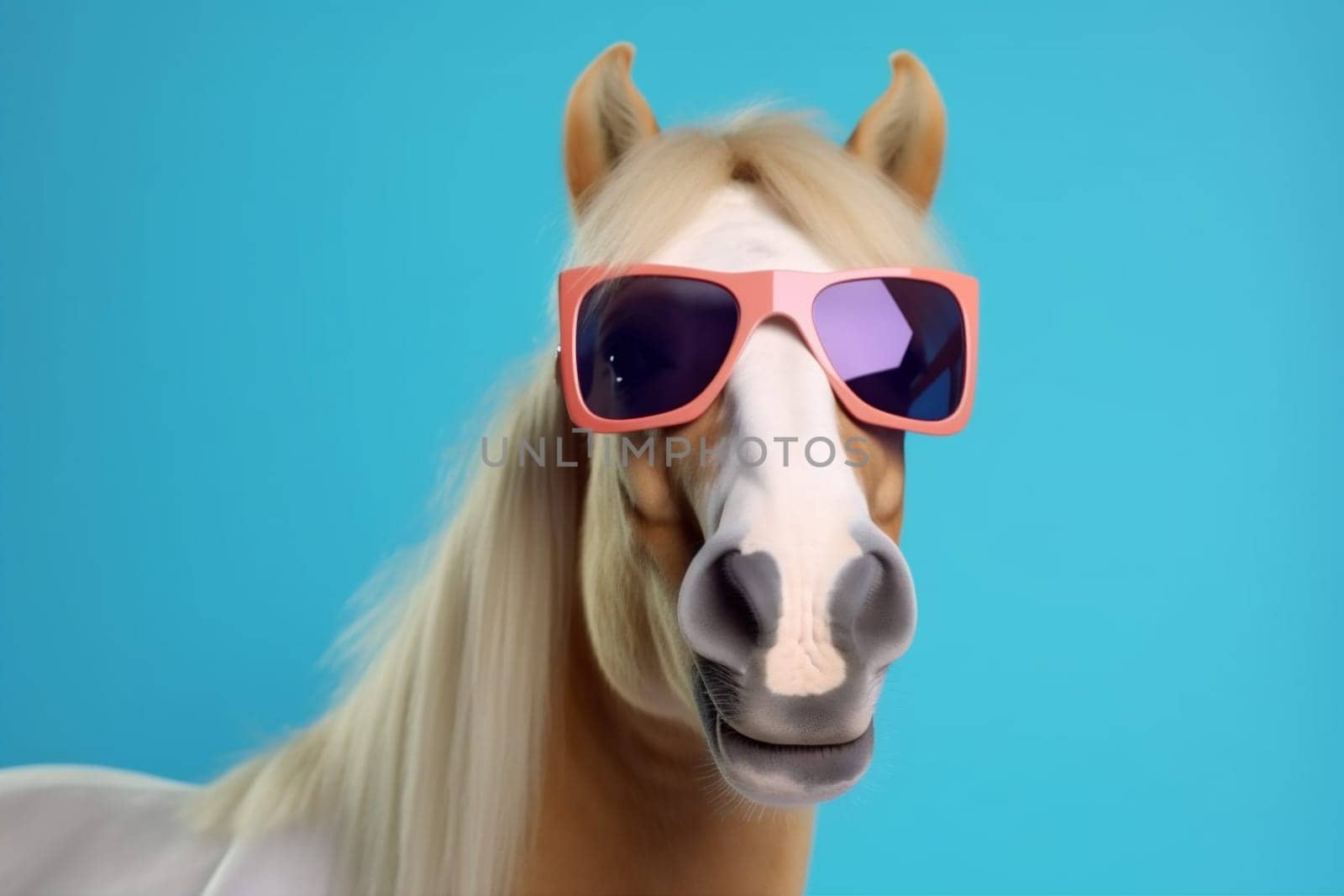model mammal portrait advert animal yellow colourful smile nature colours sunglasses horse fashion goggles art cartoon fun eye humor background funny. Generative AI.