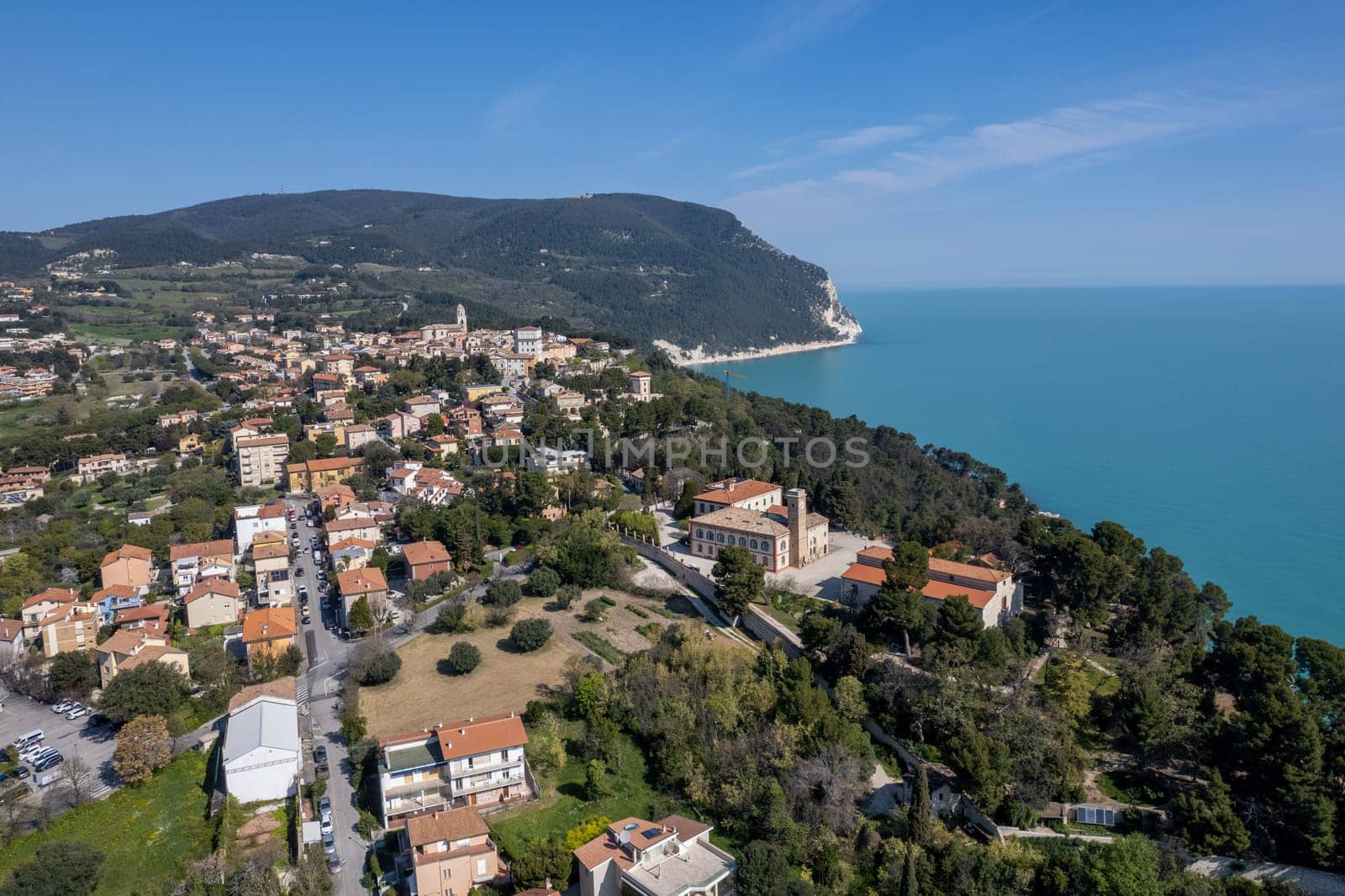 Aerial drone view of Sirolo and Numana town , Conero Mount, Adriatic Sea beach in Le Marche region, Italy , Europa