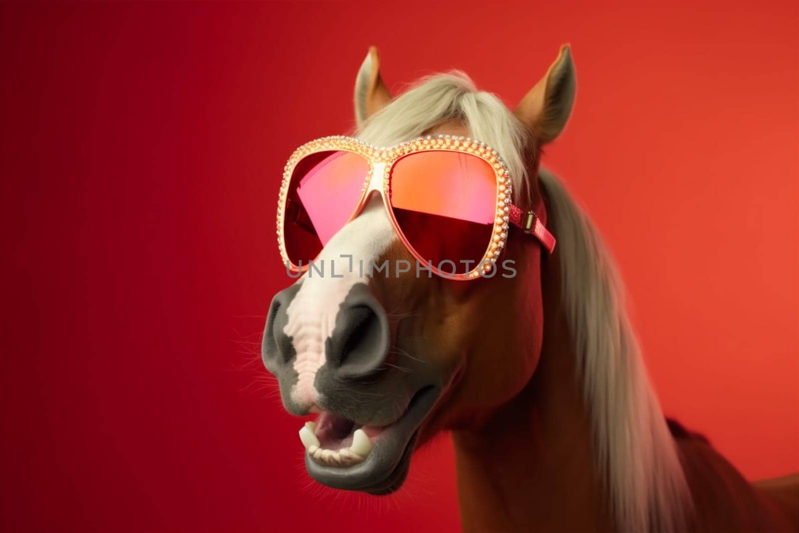 background funny sunglasses goggles smile horse animal colourful portrait model fun. Generative AI. by SHOTPRIME