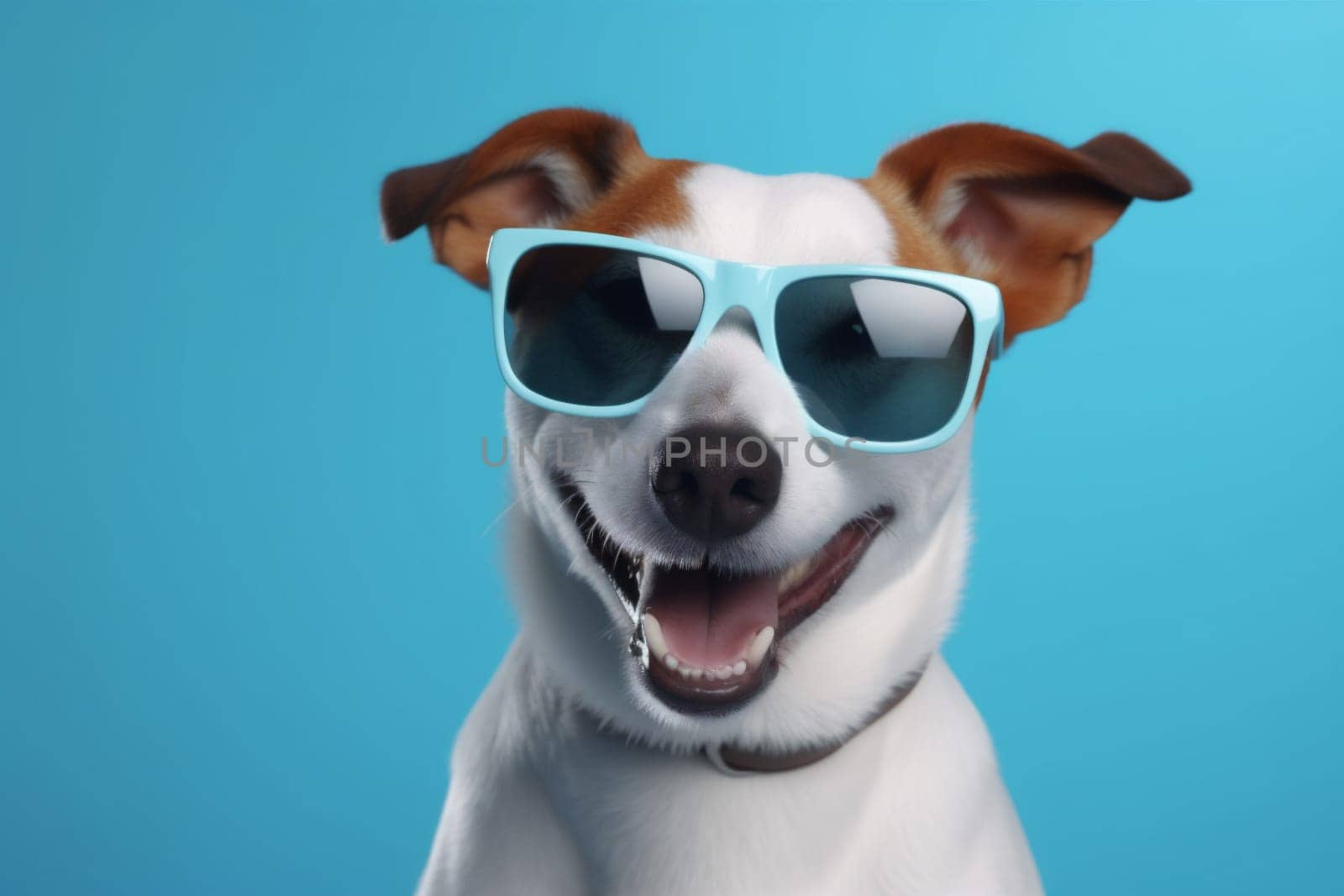 dog sunglasses trendy funny cute breed goggles small stylish concept yellow smile pet student portrait white isolated animal young indoor background. Generative AI.