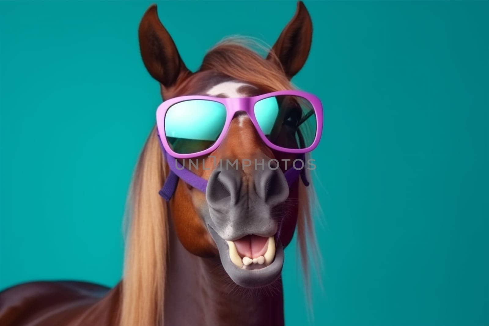 background horse colourful sunglasses fun funny goggles smile portrait animal humor. Generative AI. by SHOTPRIME