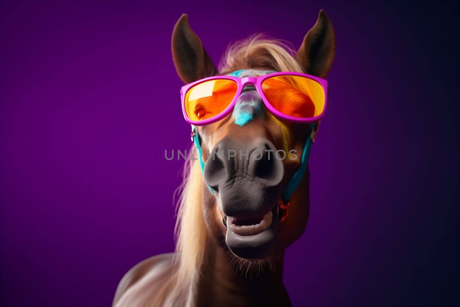 portrait background fun horse animal funny nature colourful smile sunglasses goggles. Generative AI. by SHOTPRIME
