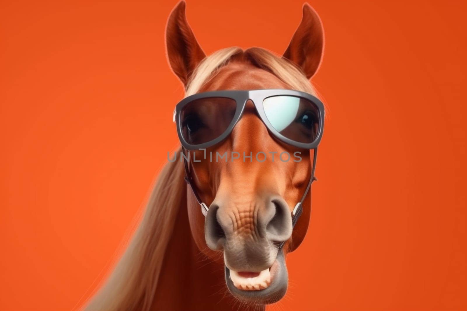 ai goggles smile horse character model fashion colourful sunglasses fun art field head illustration animal background advert portrait face funny concept. Generative AI.