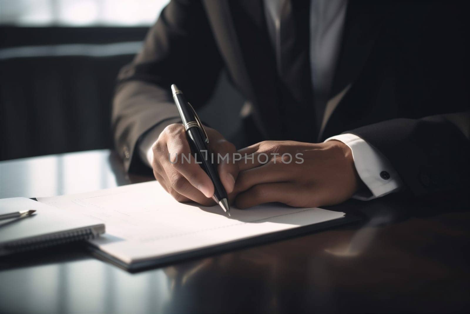 signature man business document lawyer hand businessman office group writing contract. Generative AI. by SHOTPRIME
