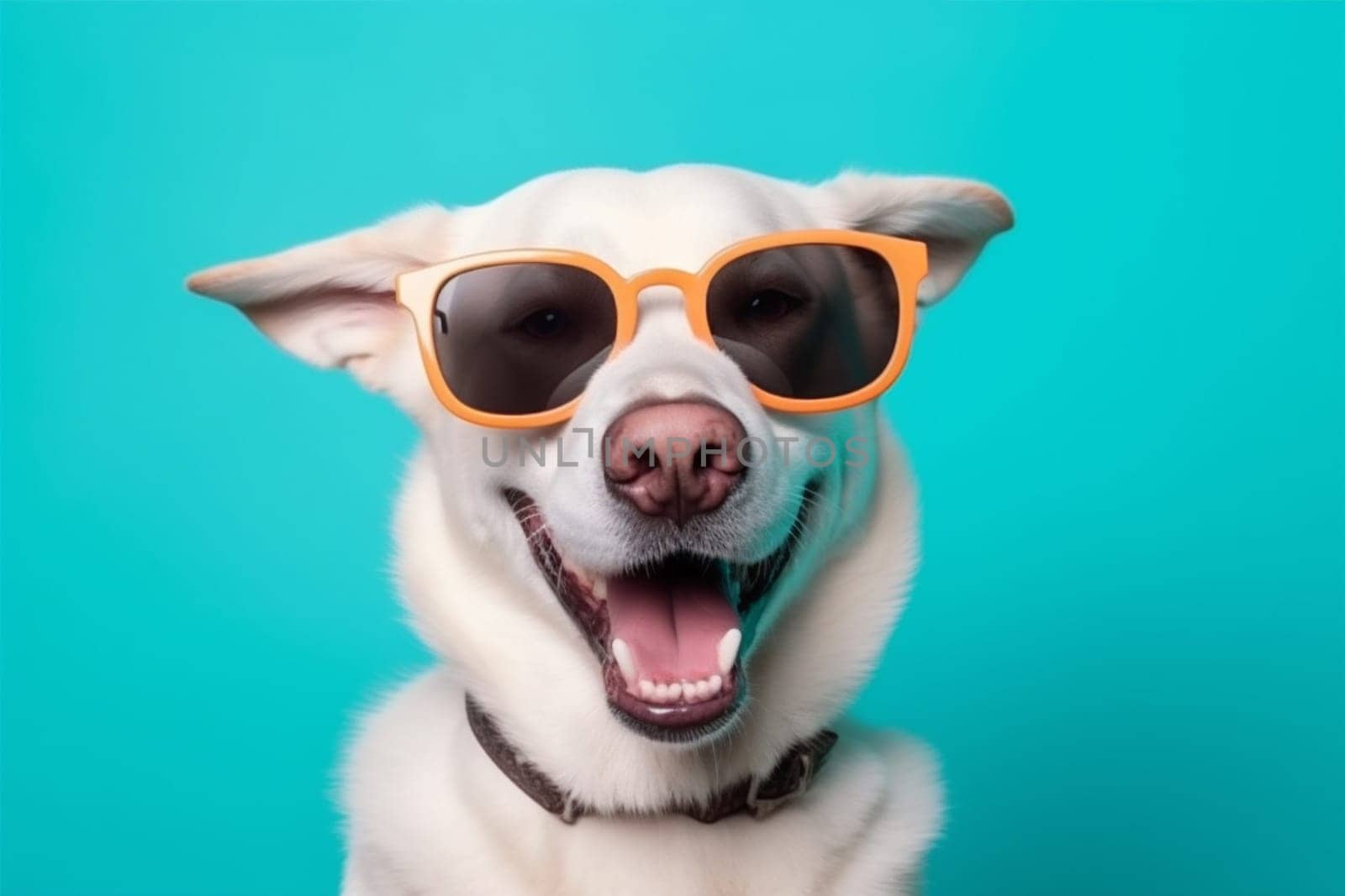 red dog cool beautiful puppy trendy white pink fun brown background smile animal domestic funny cute portrait sunglasses isolated young pet. Generative AI.