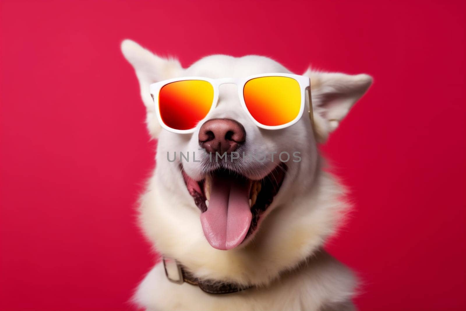 fashion dog background pink doggy animal portrait humor cute smile canine sunglasses space birthday studio copy pet party isolated goggles young funny student. Generative AI.