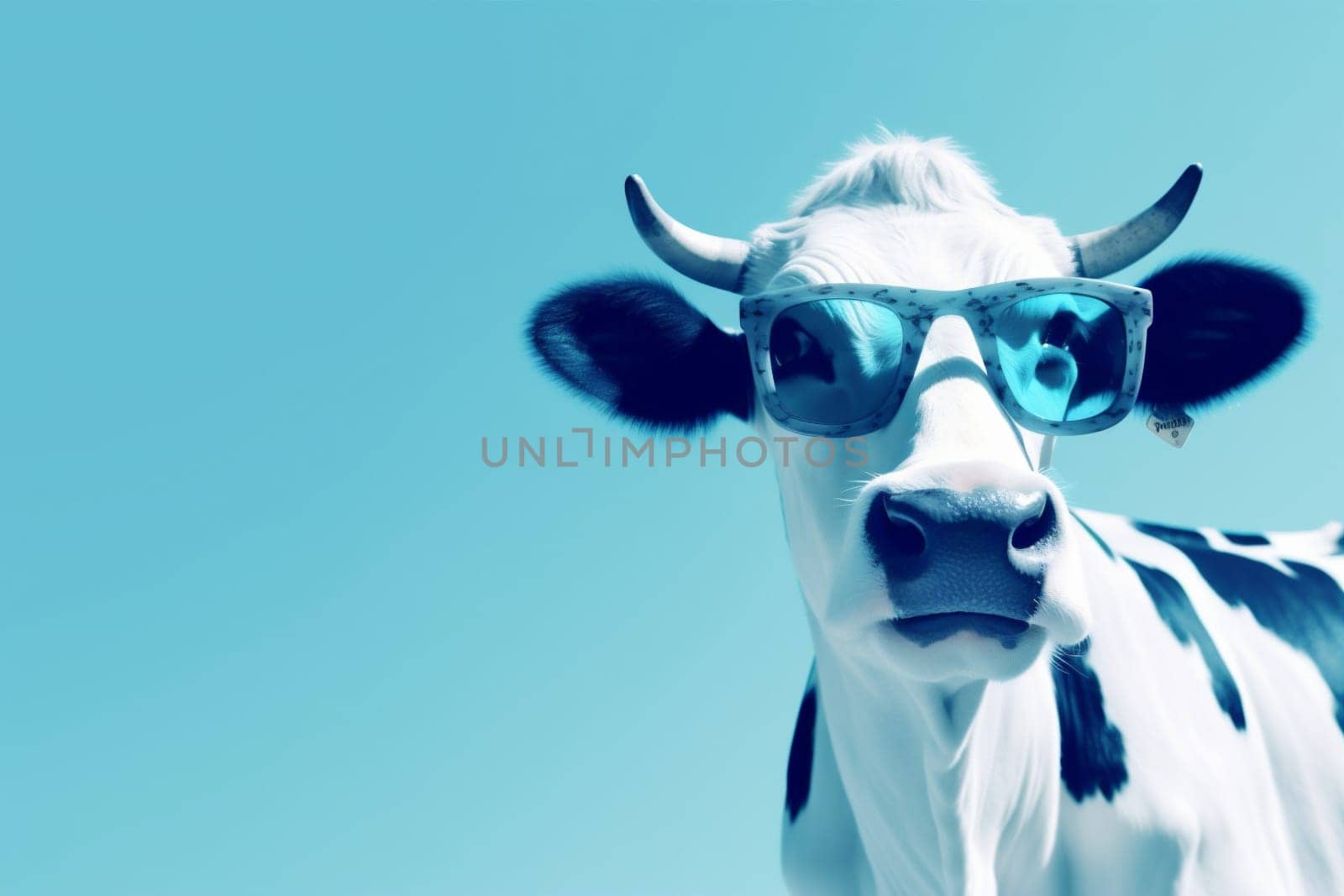 copy portrait postcard face animal isolated eyeglass cute trendy fashion space cattle sunglasses background style beautiful funny blue milk head background cow. Generative AI.