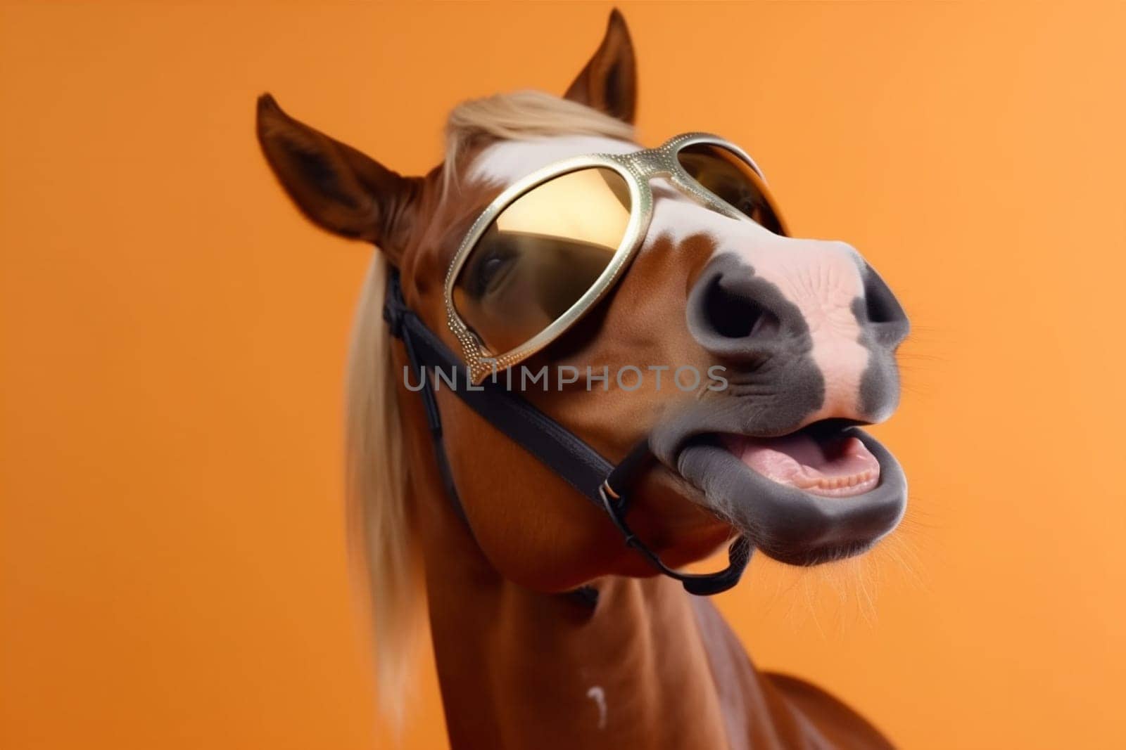 smile colourful isolated horse funny advert mammal portrait eye background illustration sunglasses fun green yellow animal looking goggles blue dark concept. Generative AI.