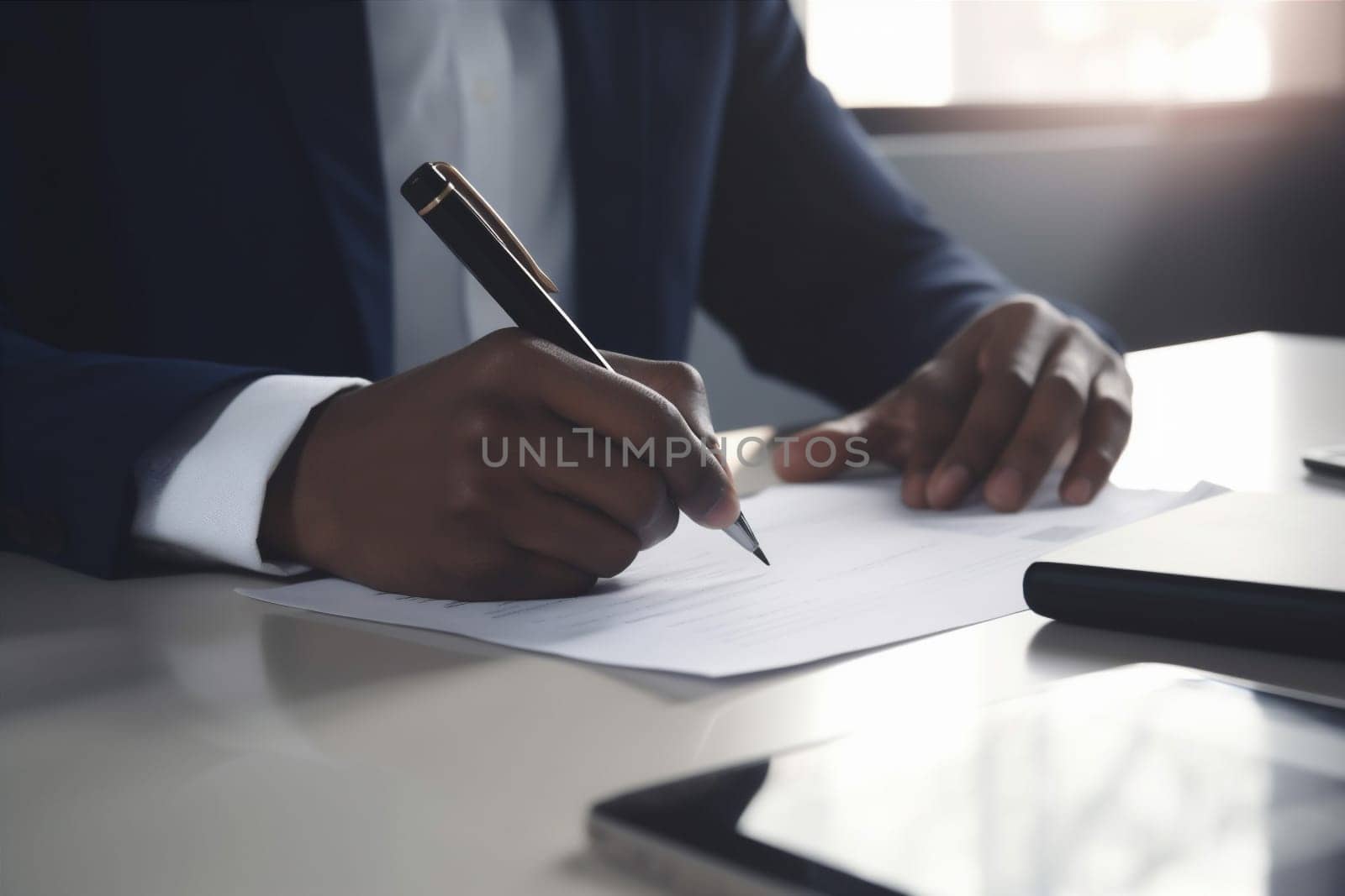 man lawyer signature deal office desk business career group businessman work day sunset document pen form male legal hand contract writing. Generative AI.