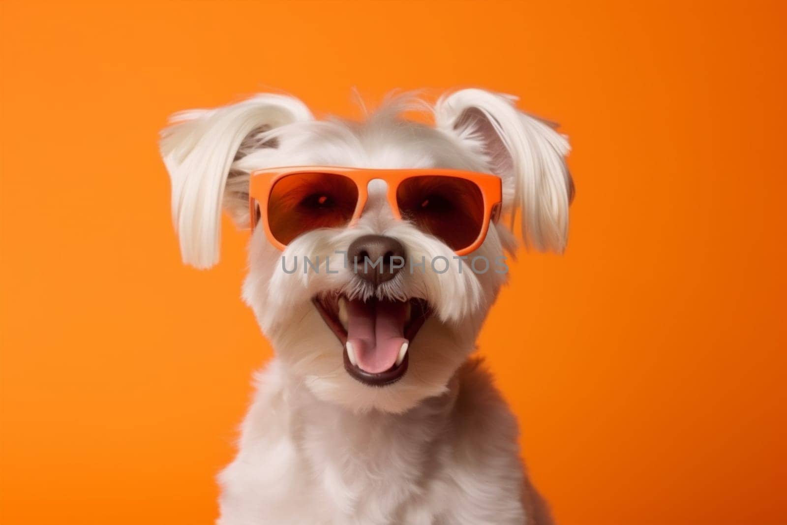 dog canine yellow smile portrait stylish friend sunglasses funny indoor copy space animal cute isolated adorable background summer happy glasses brown pet. Generative AI.