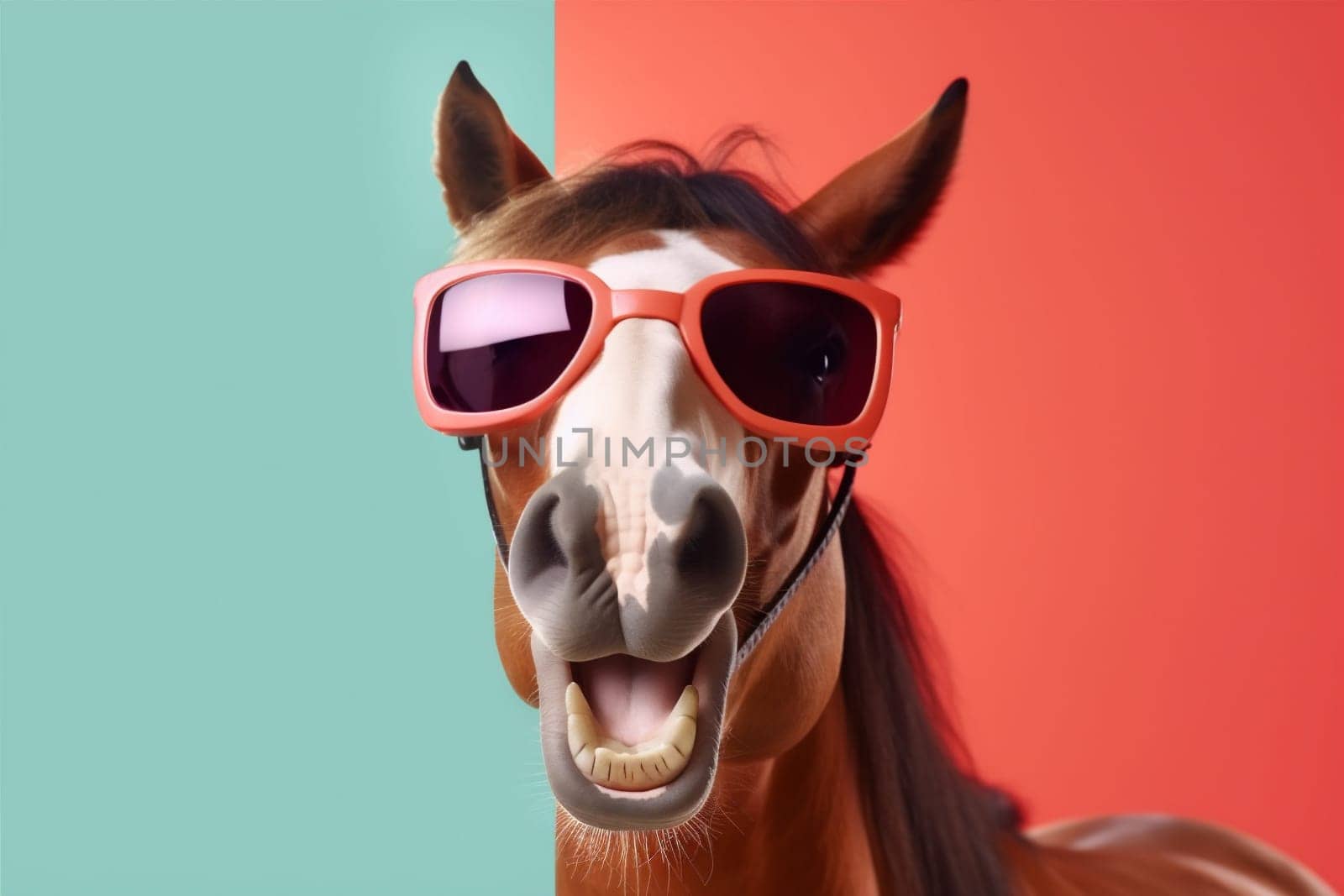 fun background animal horse portrait colourful goggles funny smile wildlife sunglasses. Generative AI. by SHOTPRIME
