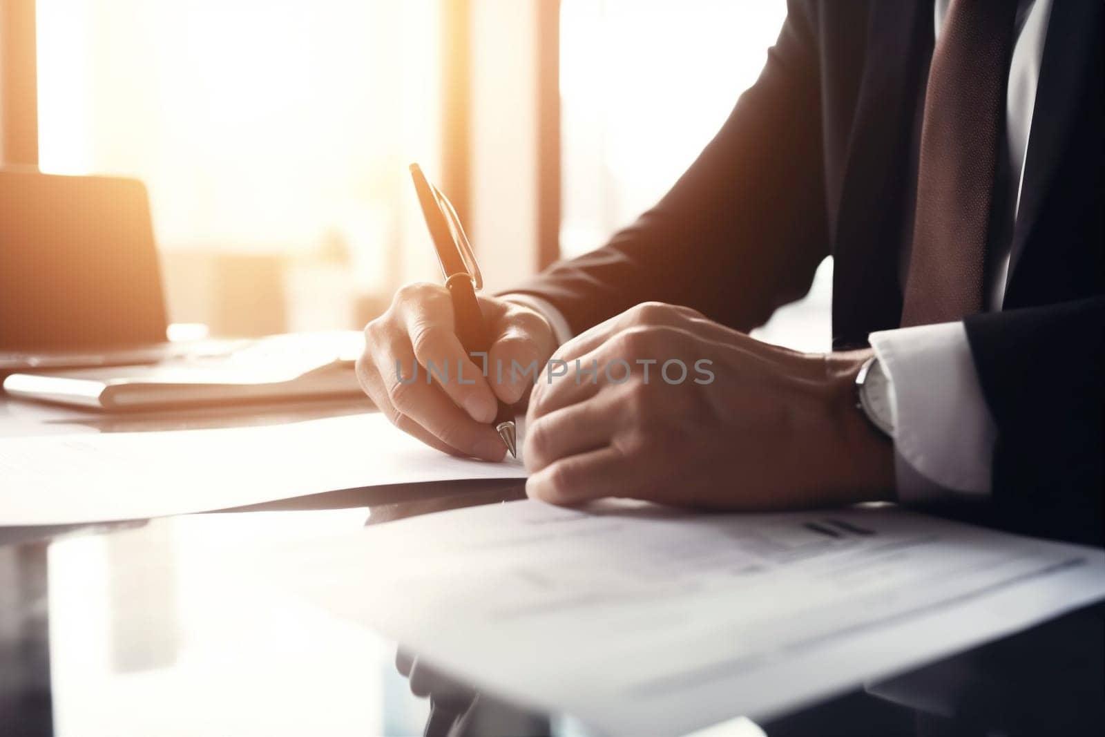 man male contract businessman lawyer group work paperwork signing form hand workplace day signature meeting career office desk agreement business document. Generative AI.