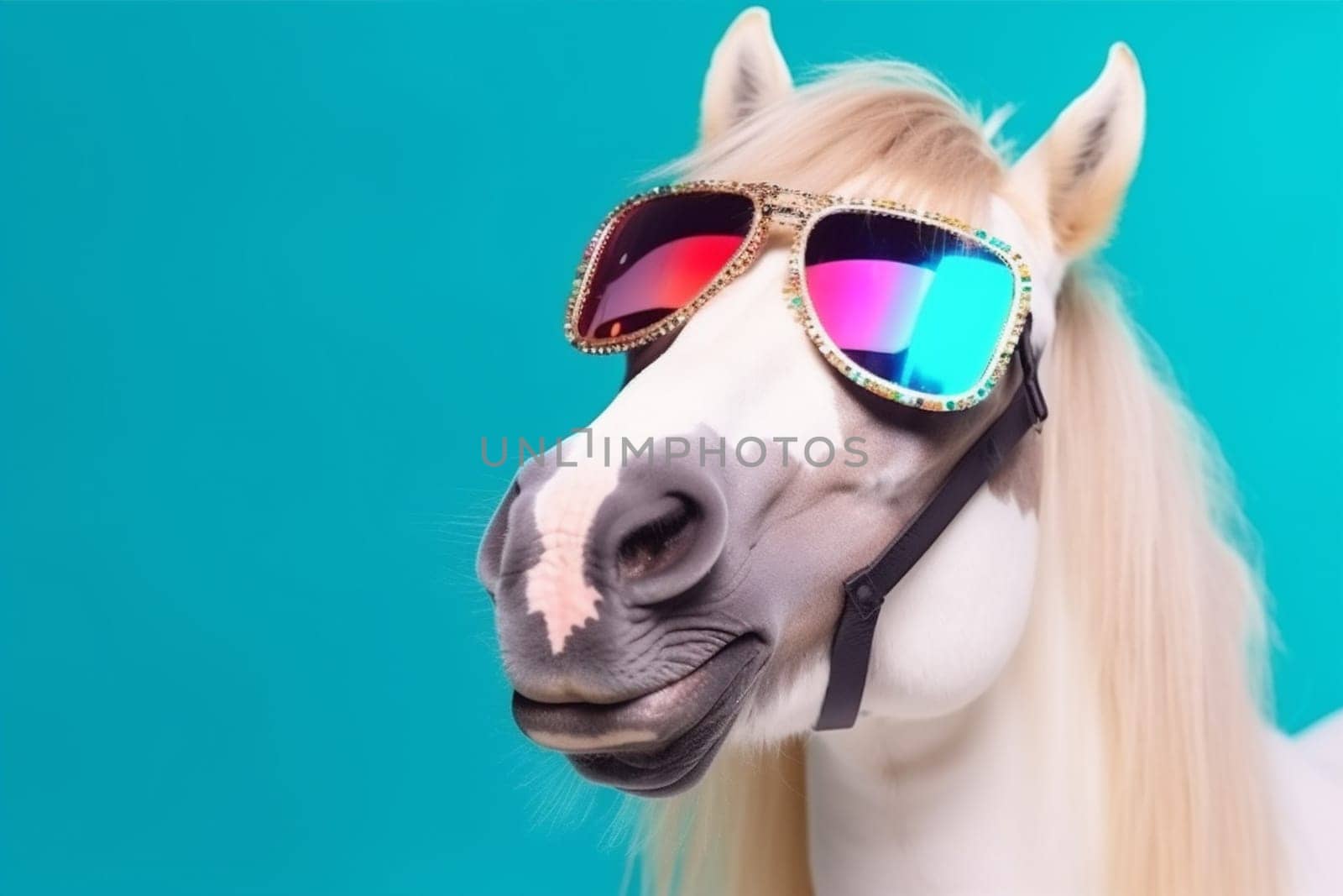 funny goggles animal portrait colourful smile wild fun background horse sunglasses. Generative AI. by SHOTPRIME