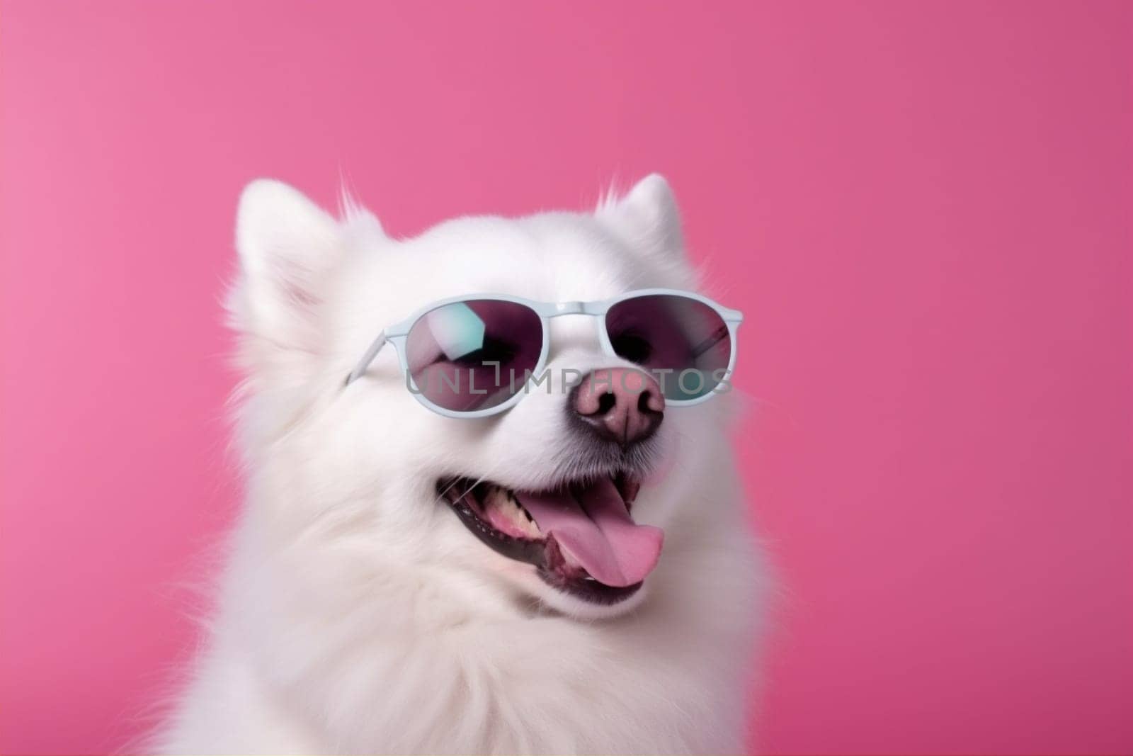 brown dog fashion goggles pink background yellow summer red smile funny isolated pet animal sunglasses cute fun doggy blue breed portrait. Generative AI.