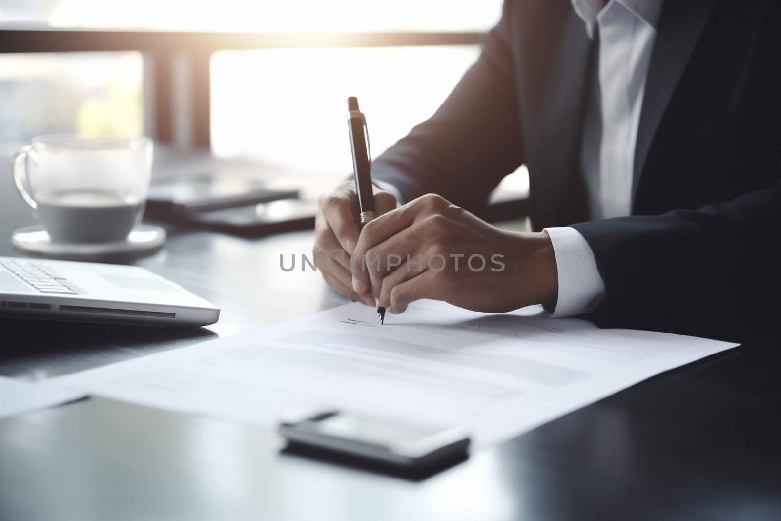 man hand contract workplace male office signature sun businessman light document pen day group business sign businessperson career lawyer form legal. Generative AI.