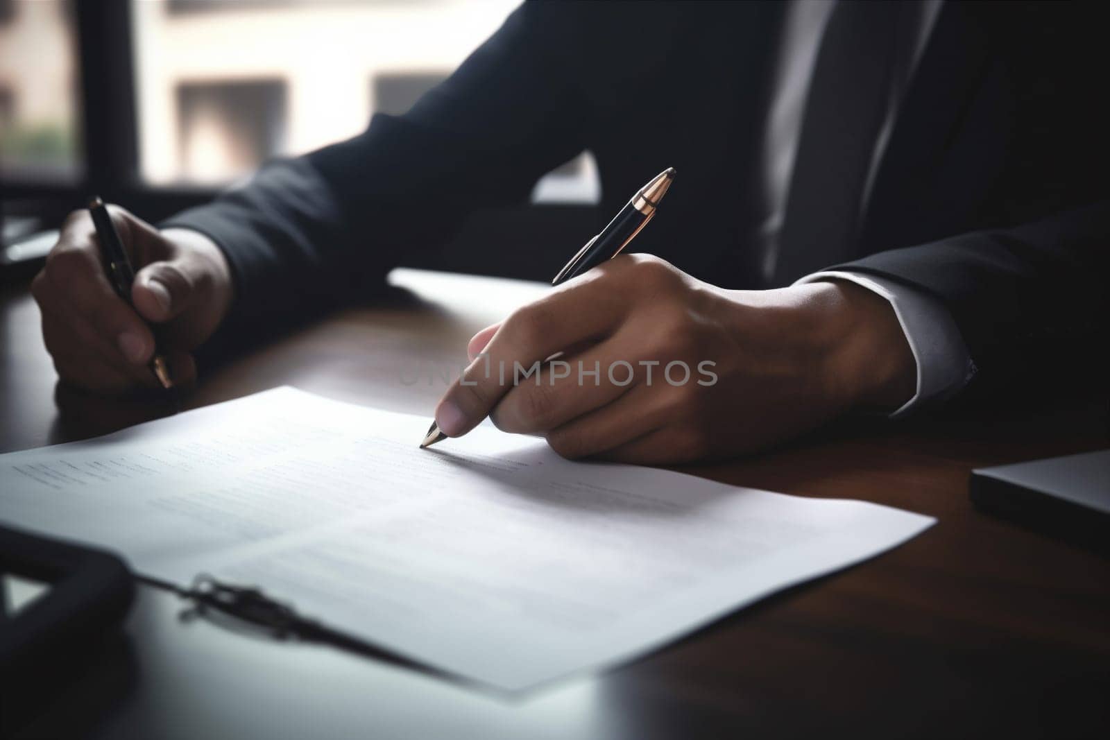 signature man work business working group concept note workplace meeting desk hand businessman contract form professional sun office document career lawyer. Generative AI.