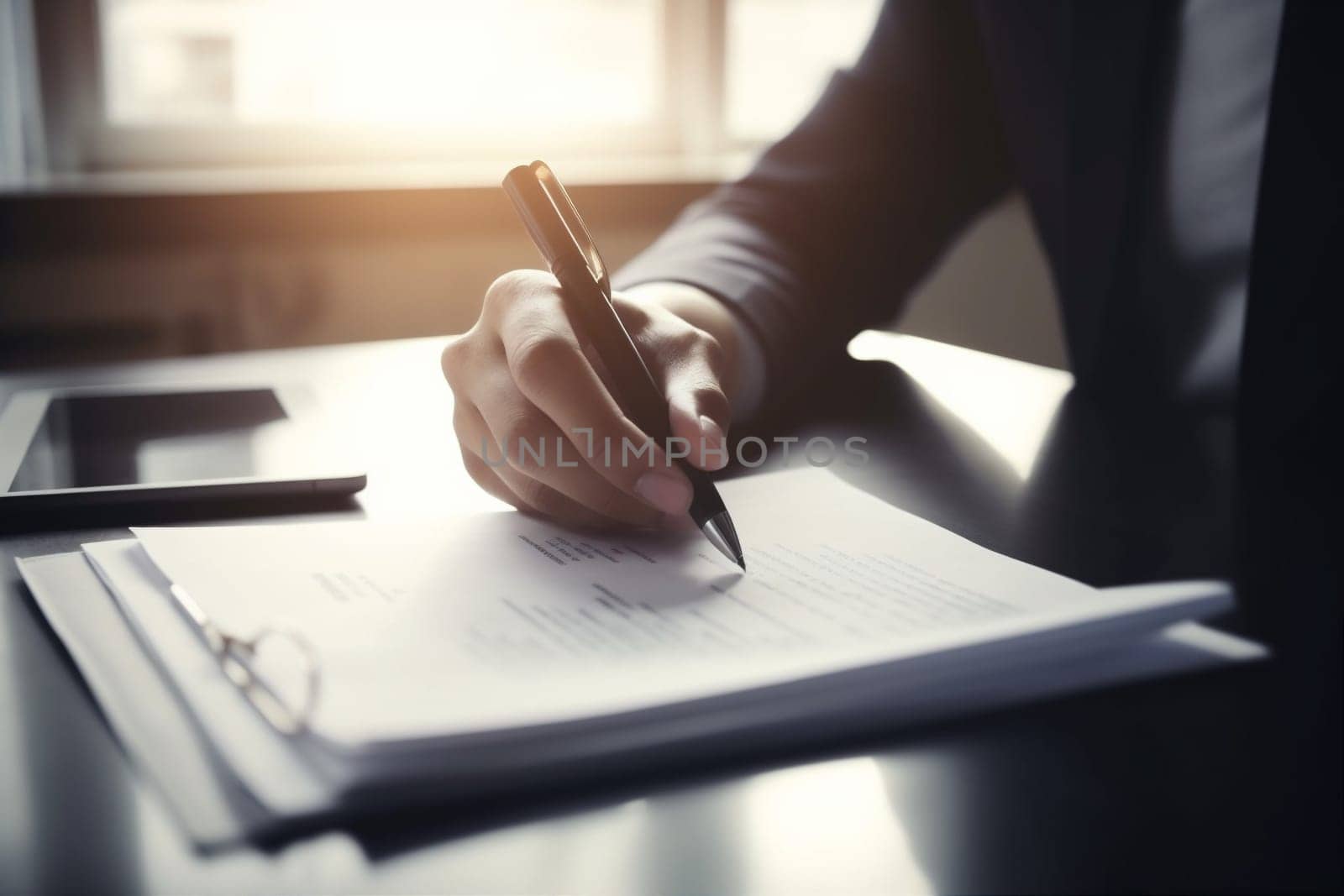 document man meeting sunset concept lawyer group signature male deal corporate signing paper contract business businessman hand office sign form person. Generative AI.