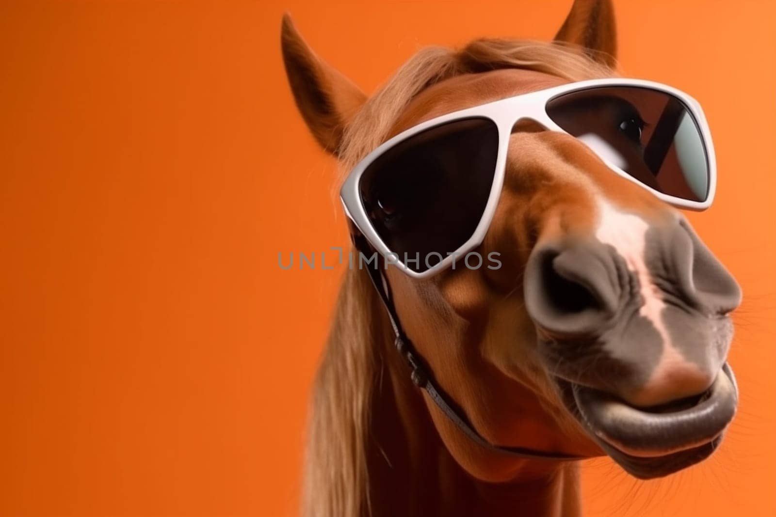 horse background portrait smile sunglasses goggles animal fun colourful funny studio. Generative AI. by SHOTPRIME