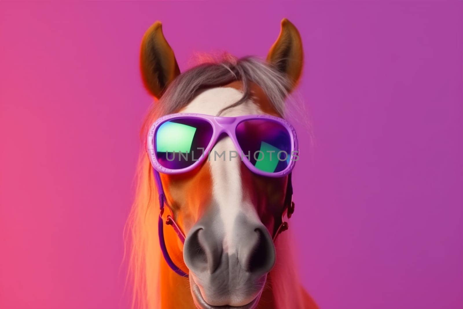 fun beauty portrait looking background head green horse cute animal goggles colourful character funny cartoon concept smile wildlife dark banner sunglasses. Generative AI.