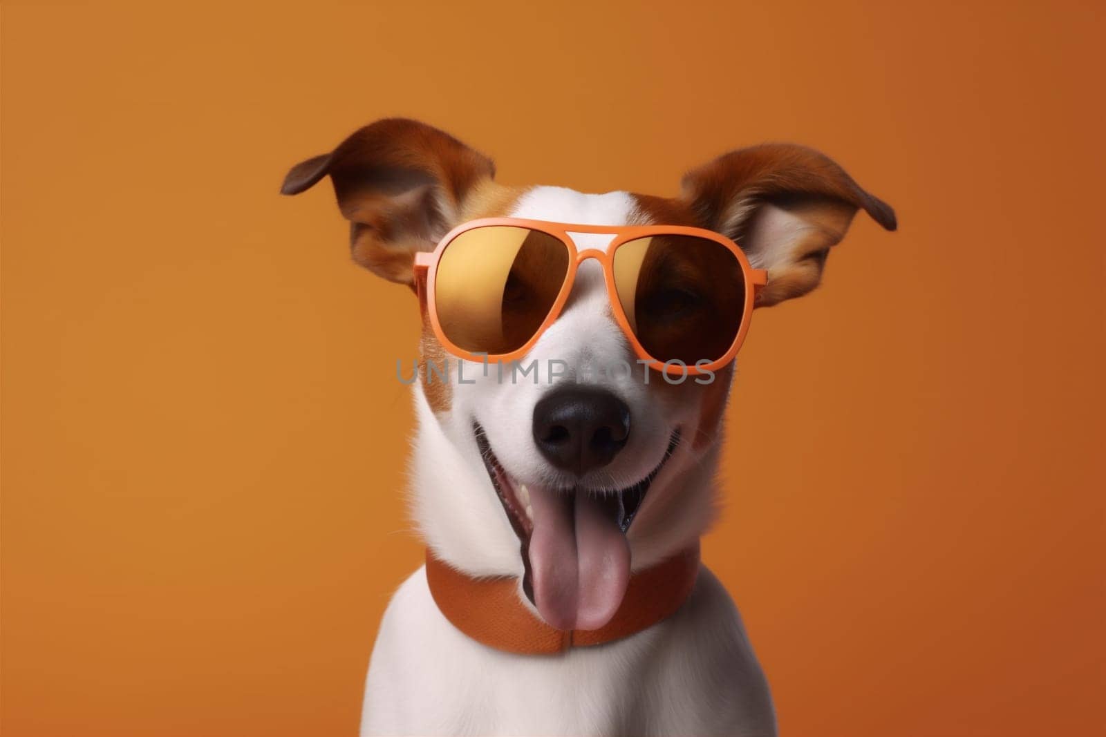 dog pet concept domestic cute happy beautiful adorable young portrait smile indoor animal isolated friend yellow sunglasses funny doggy background small. Generative AI.
