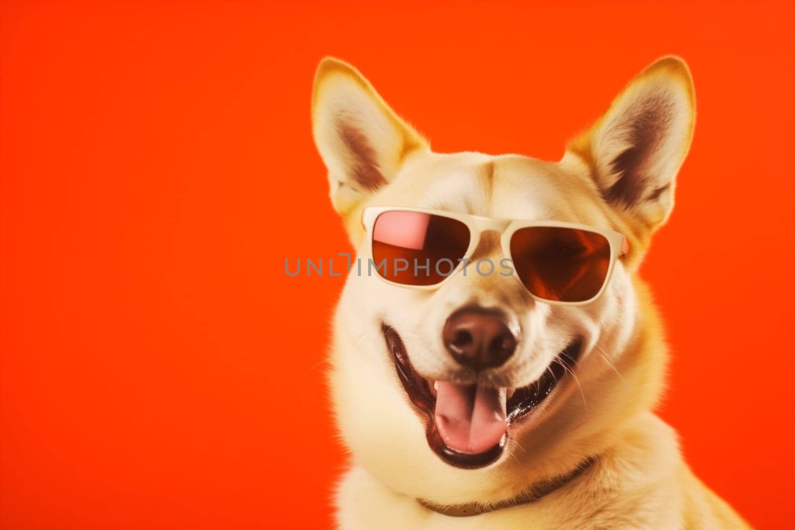 summer dog adorable sunglasses animal cool pet orange isolated blue goggles indoor background smile portrait young cute funny fashion friend studio. Generative AI.