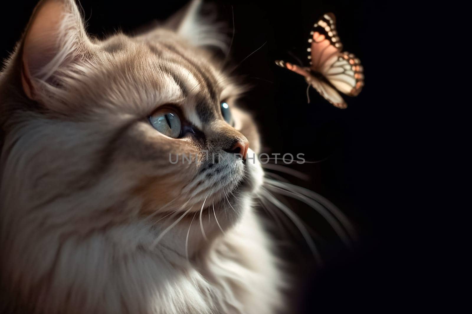 Colorful butterfly flies to cat's nose on dark background. Fluffy cat and butterfly.