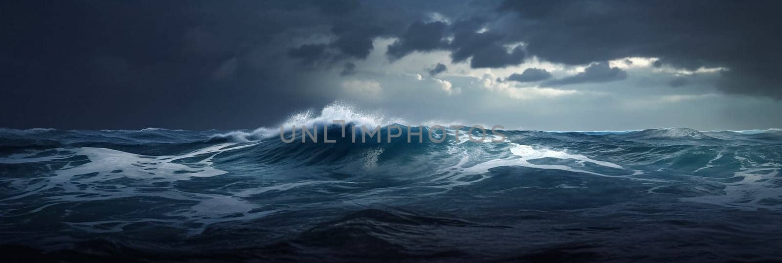 Abstract ocean waves in the storm. Ocean or sea during storm in the night. Long banner of sea waves and dark clouds on background