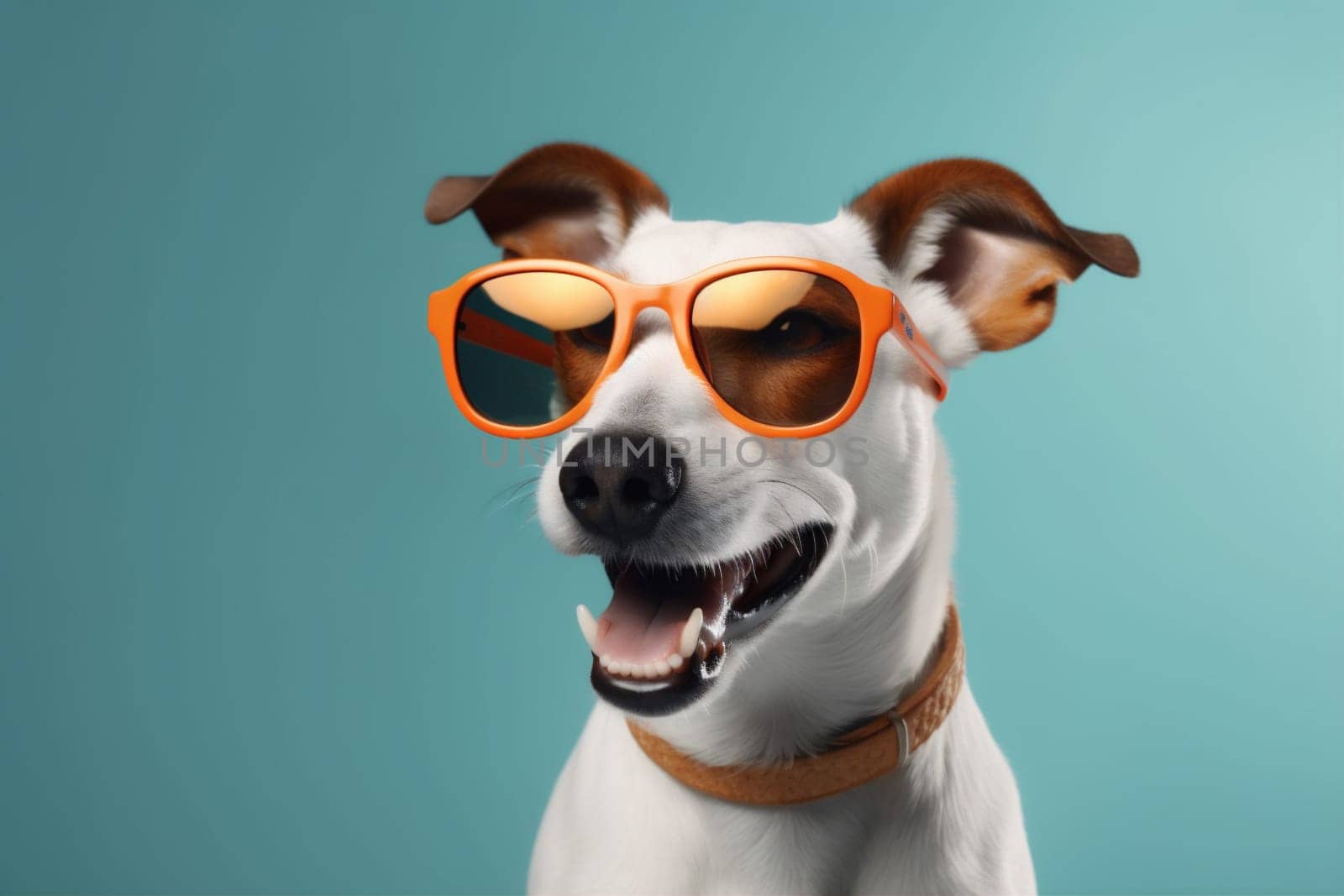 dog fun pet copy summer portrait cute sunglasses blue isolated funny breed birthday animal space stylish smile concept canine humor background brown party. Generative AI.