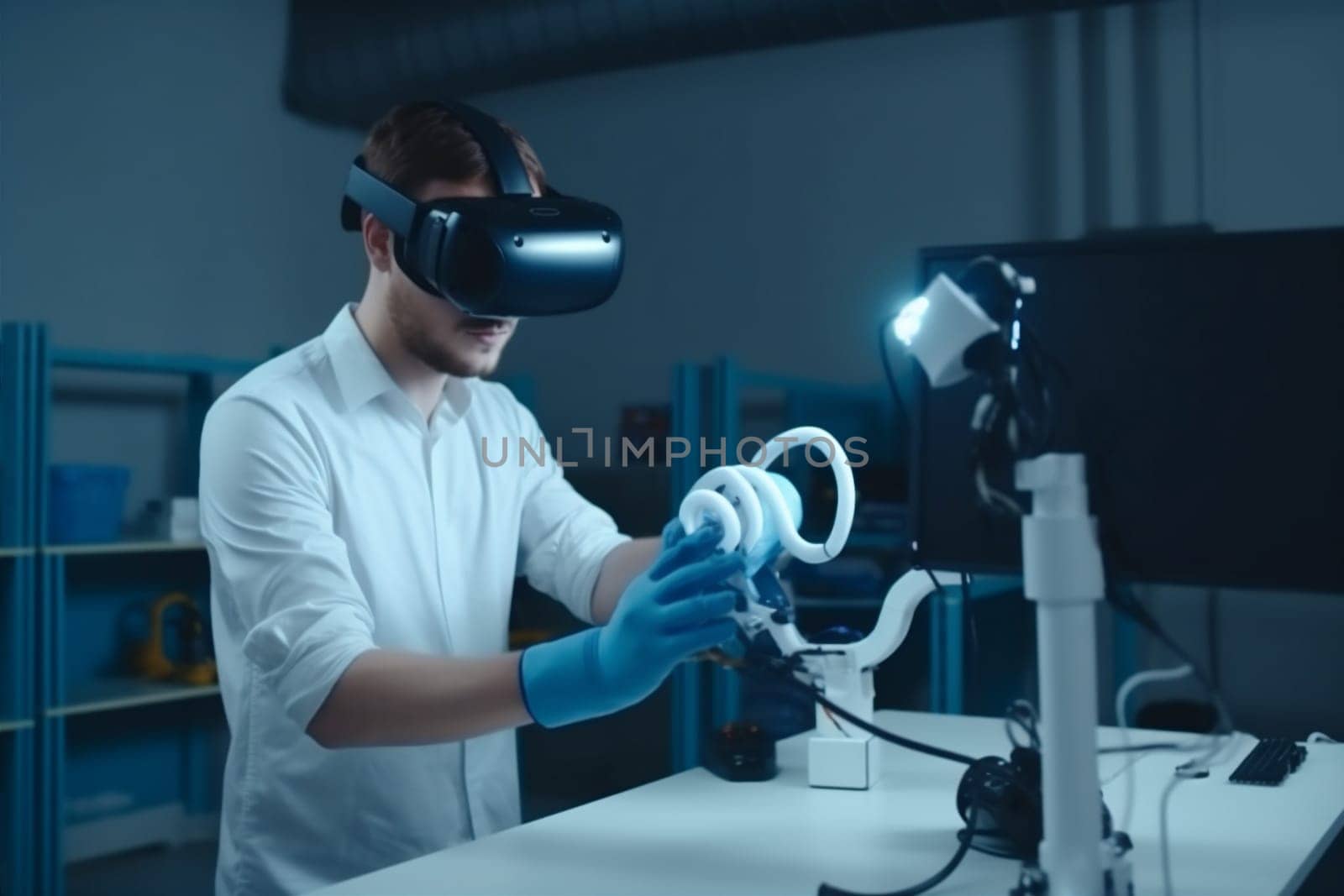 man engineer future technology robotic three-dimensional 3d robot glasses virtual headset innovation. Generative AI. by SHOTPRIME