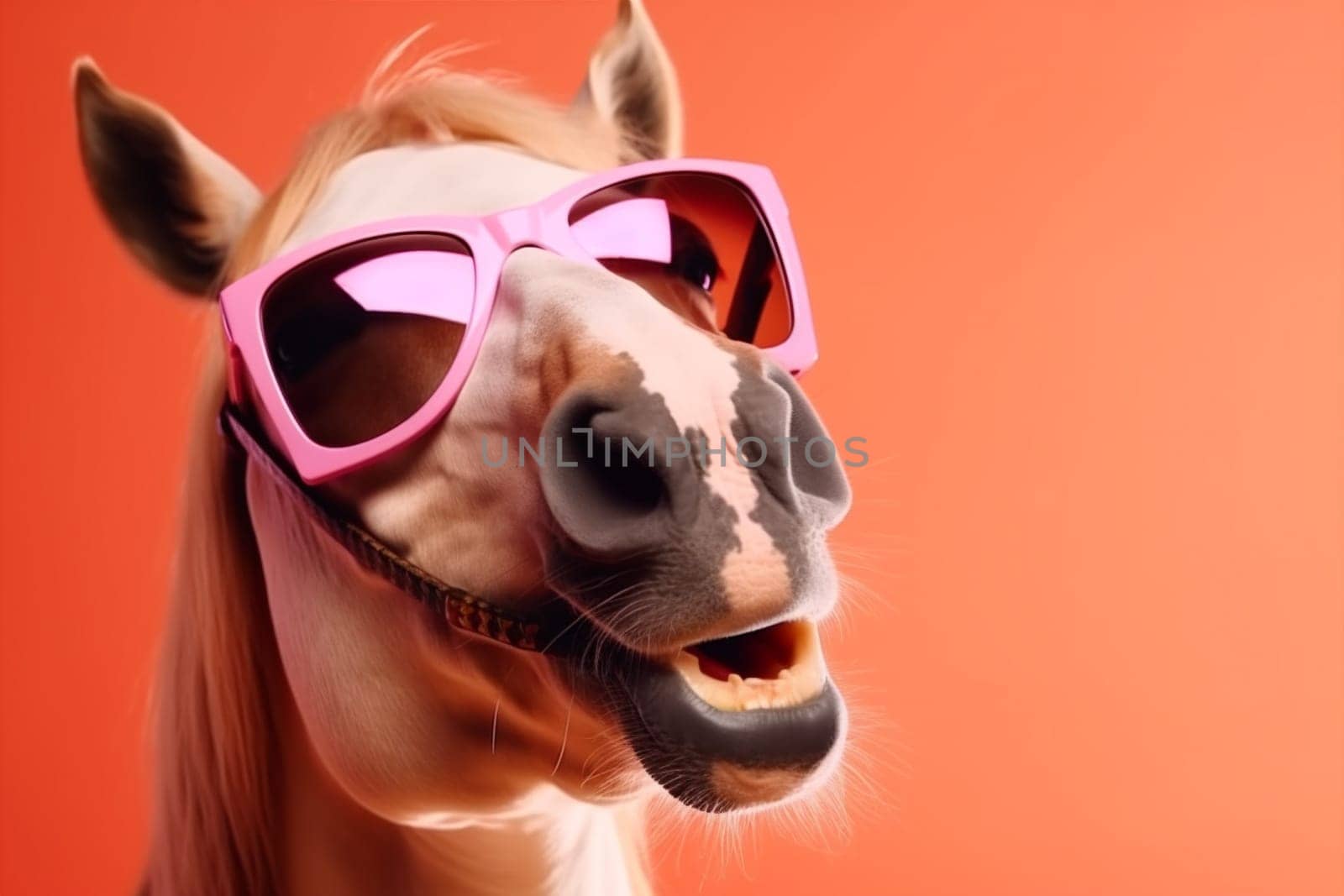sunglasses horse comic smile beauty animal head portrait funny colours eye background colourful yellow isolated green art cute goggles fun banner. Generative AI.