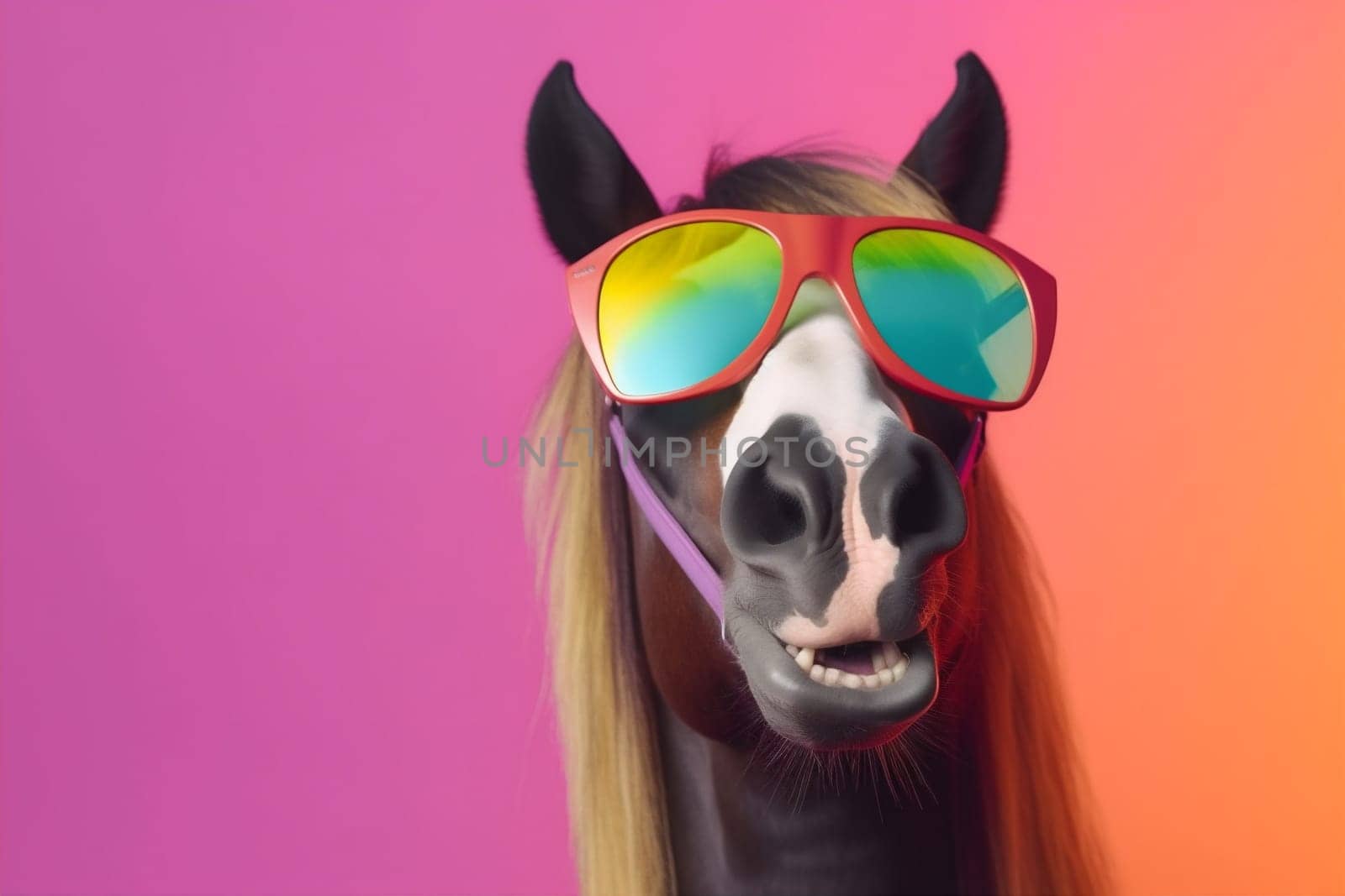 beauty goggles sunglasses fun horse colourful portrait background smile funny animal. Generative AI. by SHOTPRIME