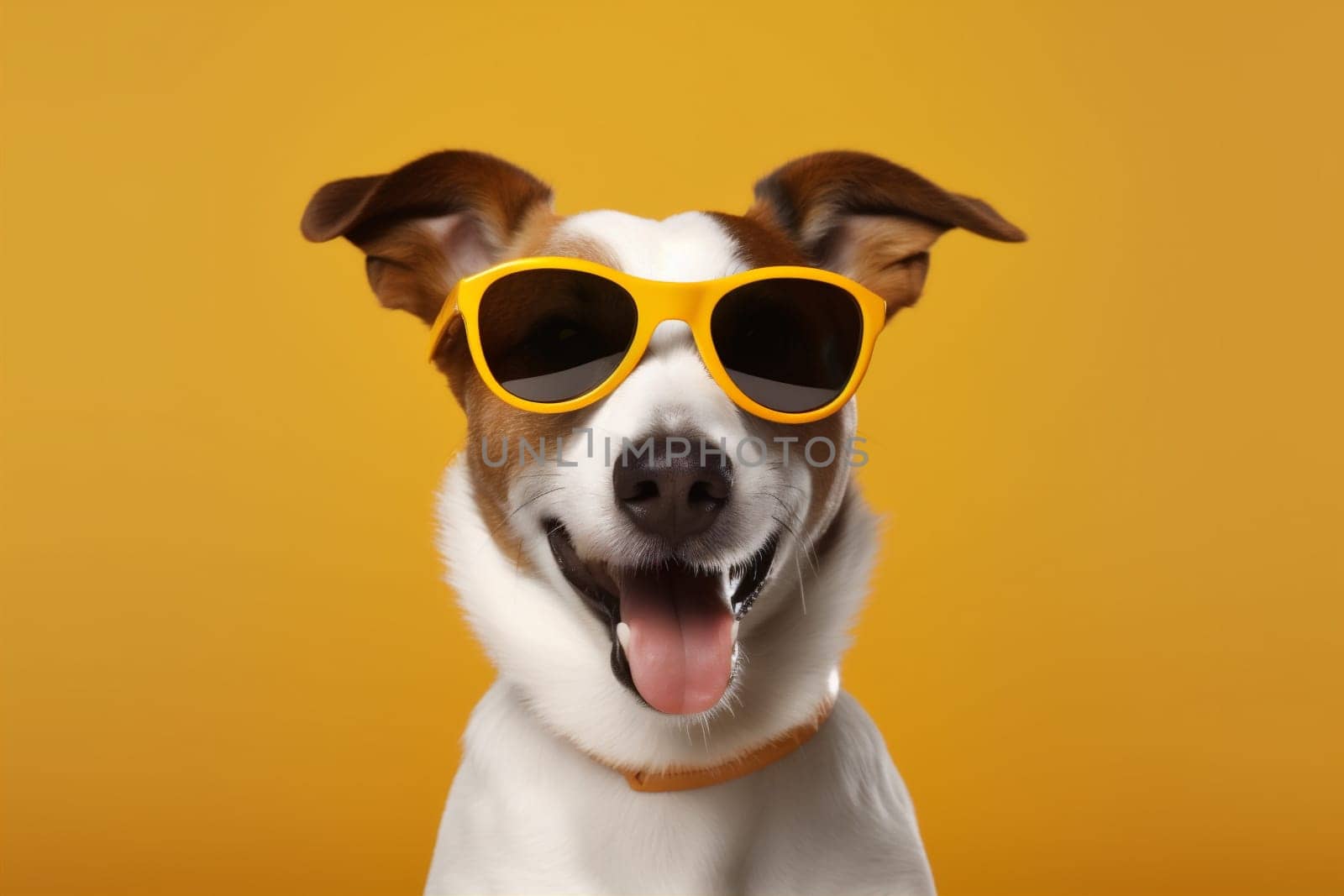 copy dog stylish background space small happy pet funny portrait humor cute glasses animal pink studio trendy white isolated sunglasses smile concept. Generative AI.