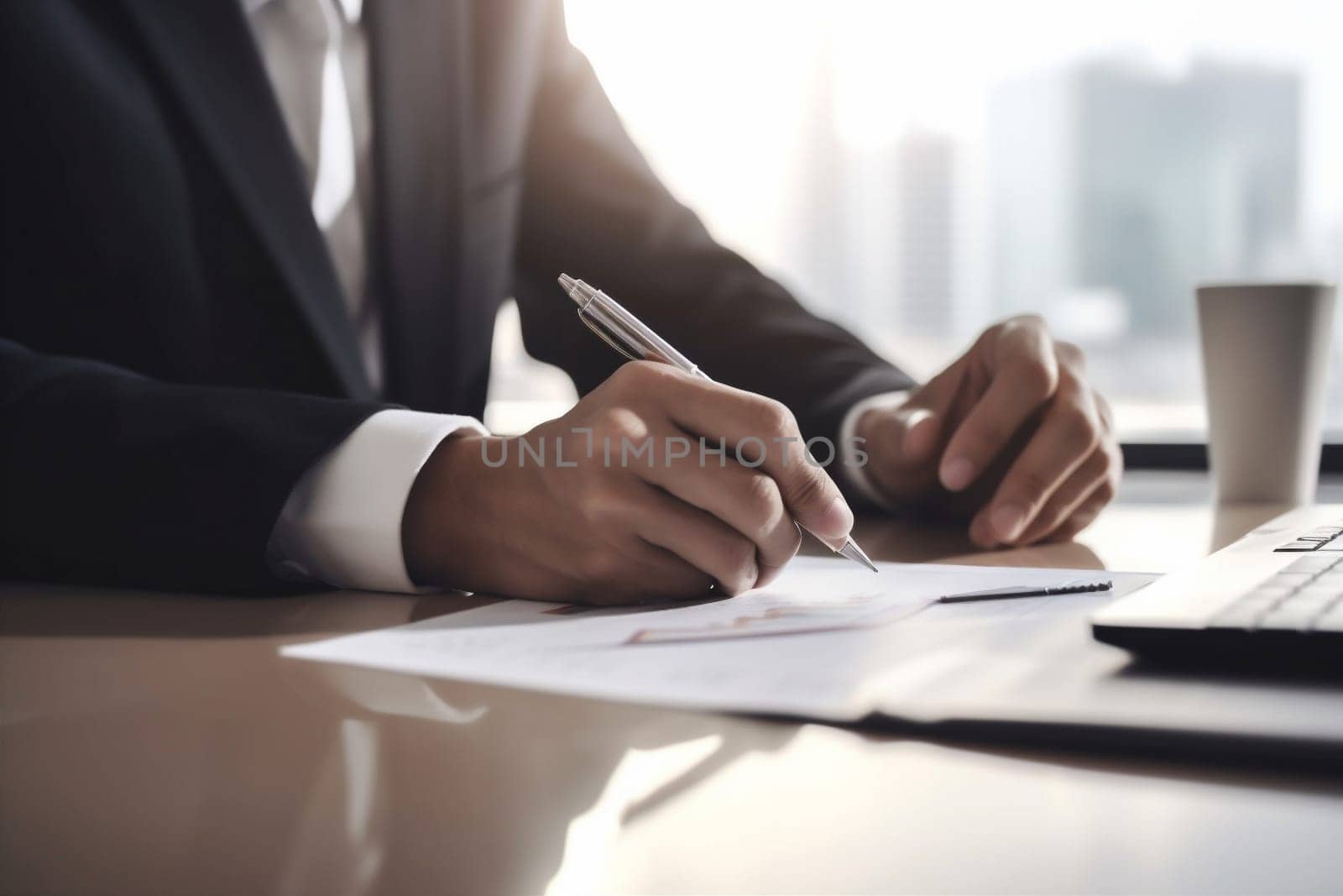 document man finance lawyer signature day office desk signing person light working corporate meeting group businessman businessperson business professional hand contract. Generative AI.