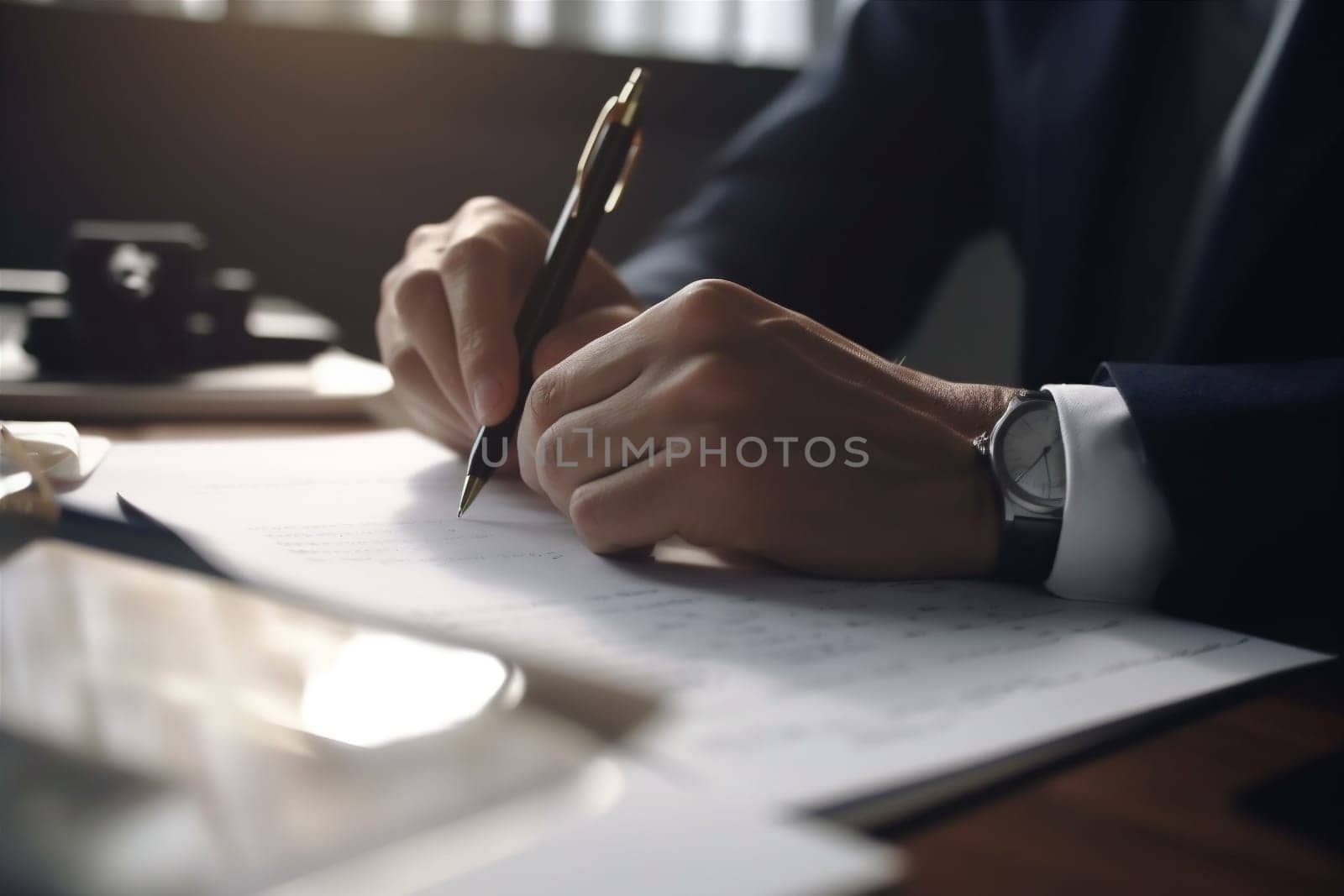 meeting man working signature hand lawyer businessman pen office form group sign business document signing male workplace contract work sunset writing. Generative AI.