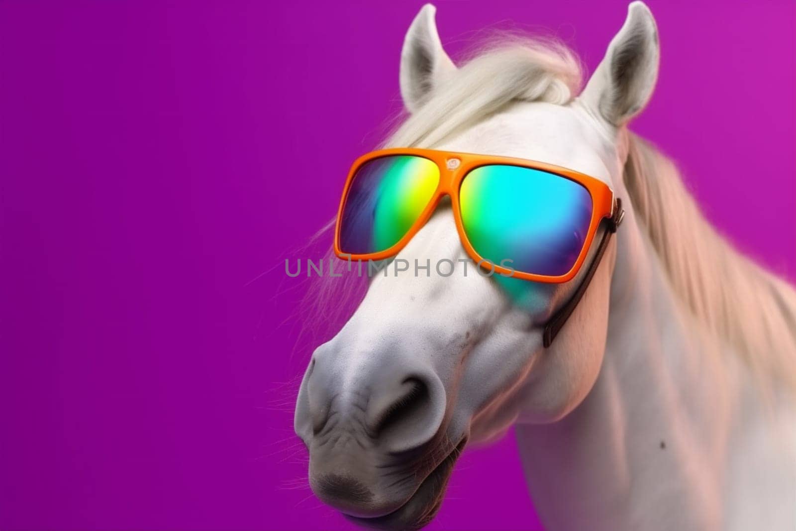 background horse wild animal portrait funny sunglasses colourful goggles fun smile. Generative AI. by SHOTPRIME